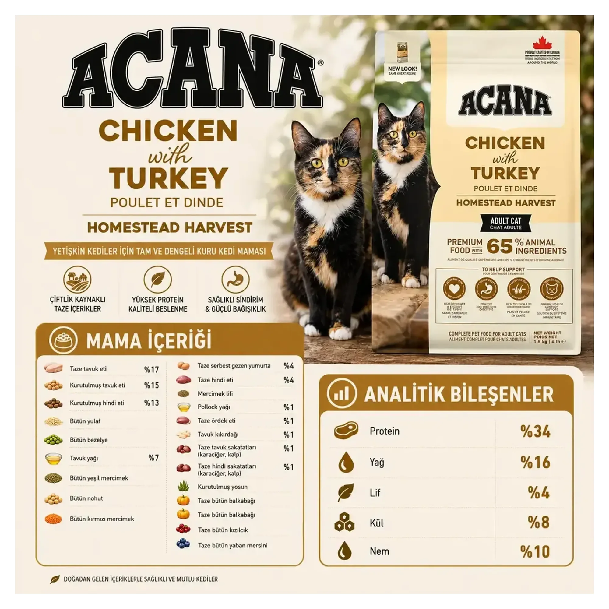 Acana Homestead Harvest Yüksek Proteinli Tavuklu ve Hindili Kedi Maması 1.8 KG — Normal, 1.8 kg — Görsel 2