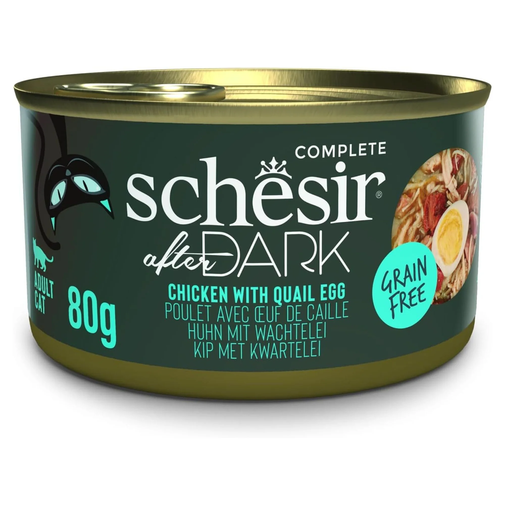 Schesir After Dark Tavuk ile Bıldırcın Yumurtası Et Suyunda Yetişkin Kedi Konservesi 80G