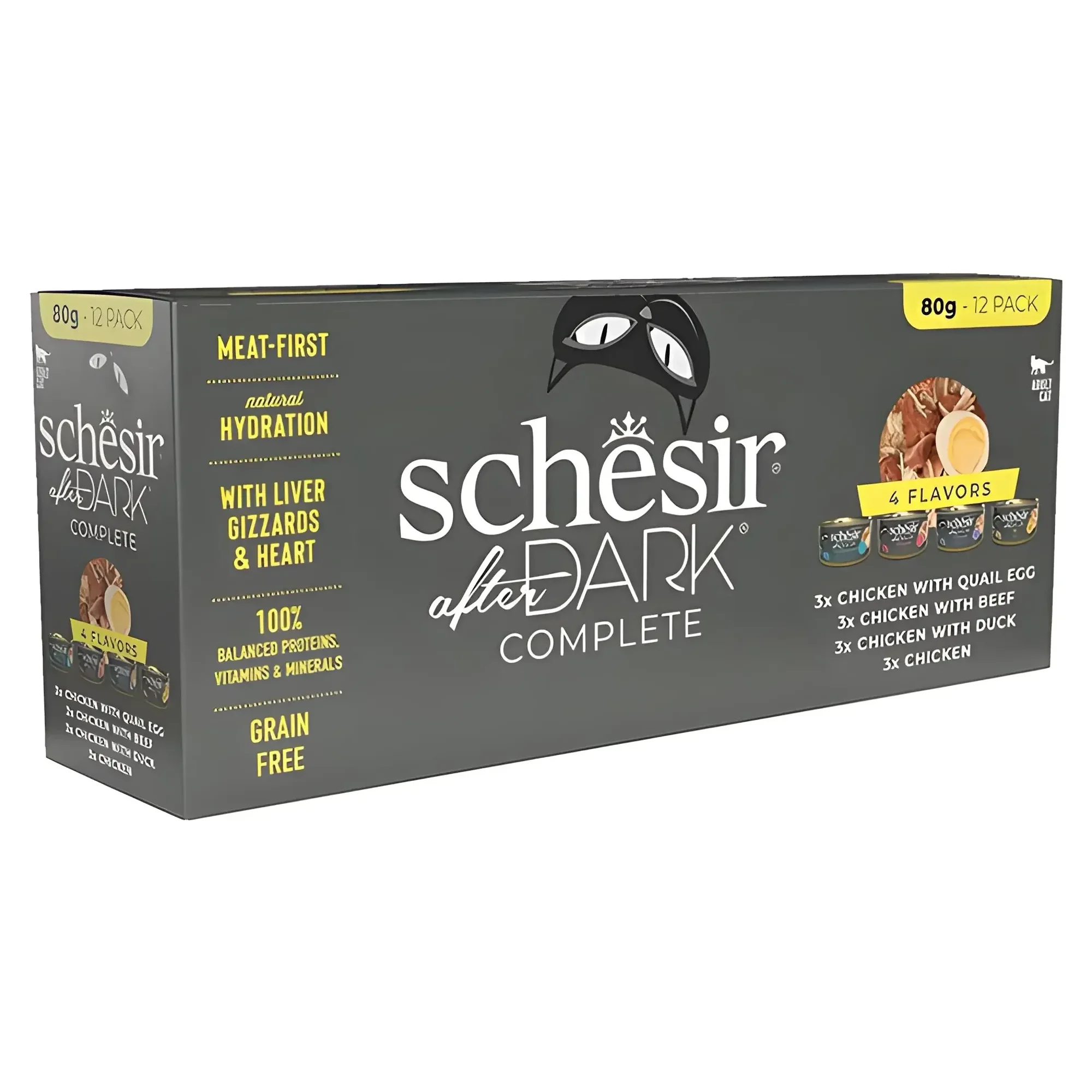 Schesir Schesir After Dark Tavuk&Bıldırcın Yumurtası&Sığır&Ördek Et Suyunda Yetişkin Kedi Konservesi Çeşit Paketi 80G