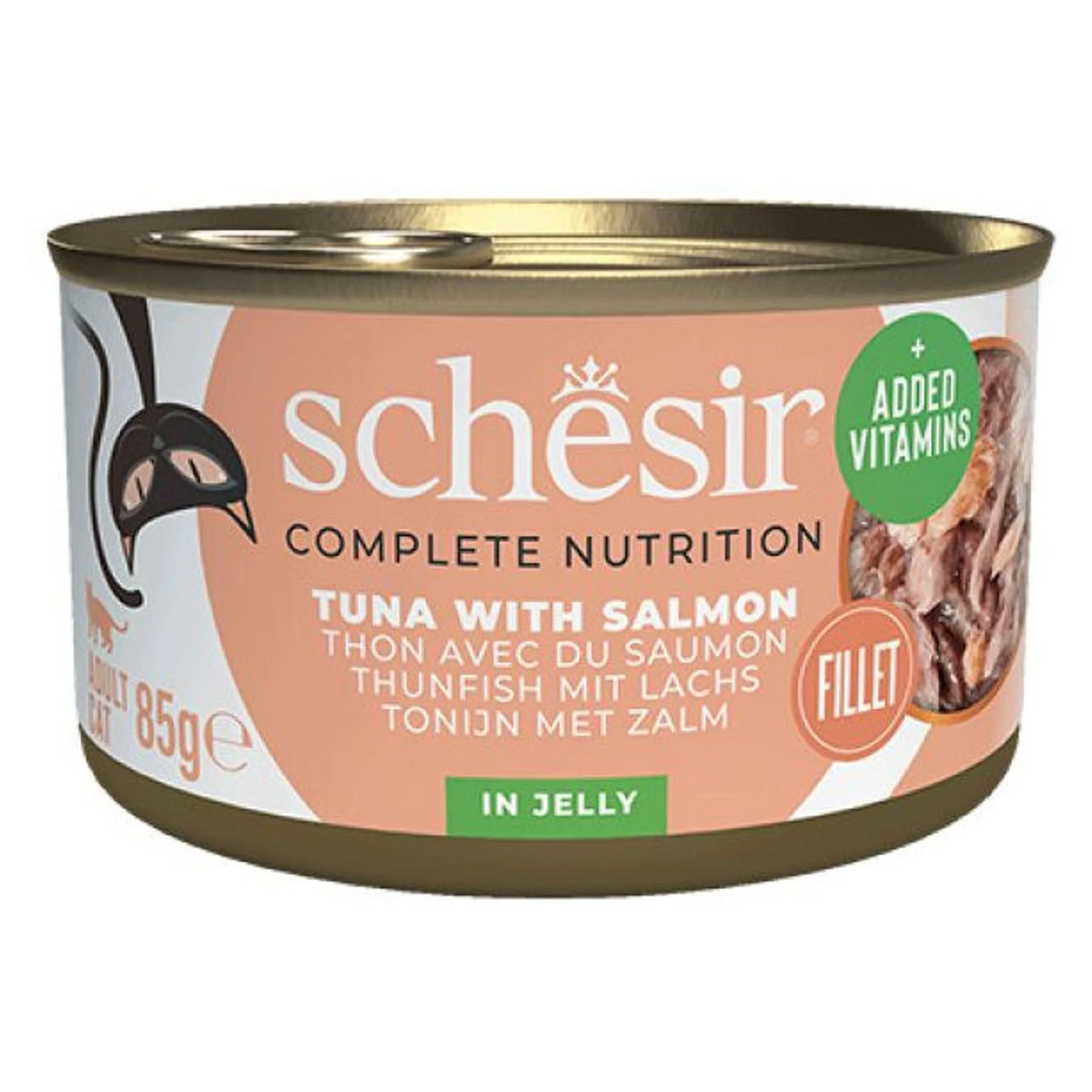 Schesir Schesir Tam ve Dengeli Ton Balığı ile Somonlu Jöle İçinde Kedi Konservesi 85G