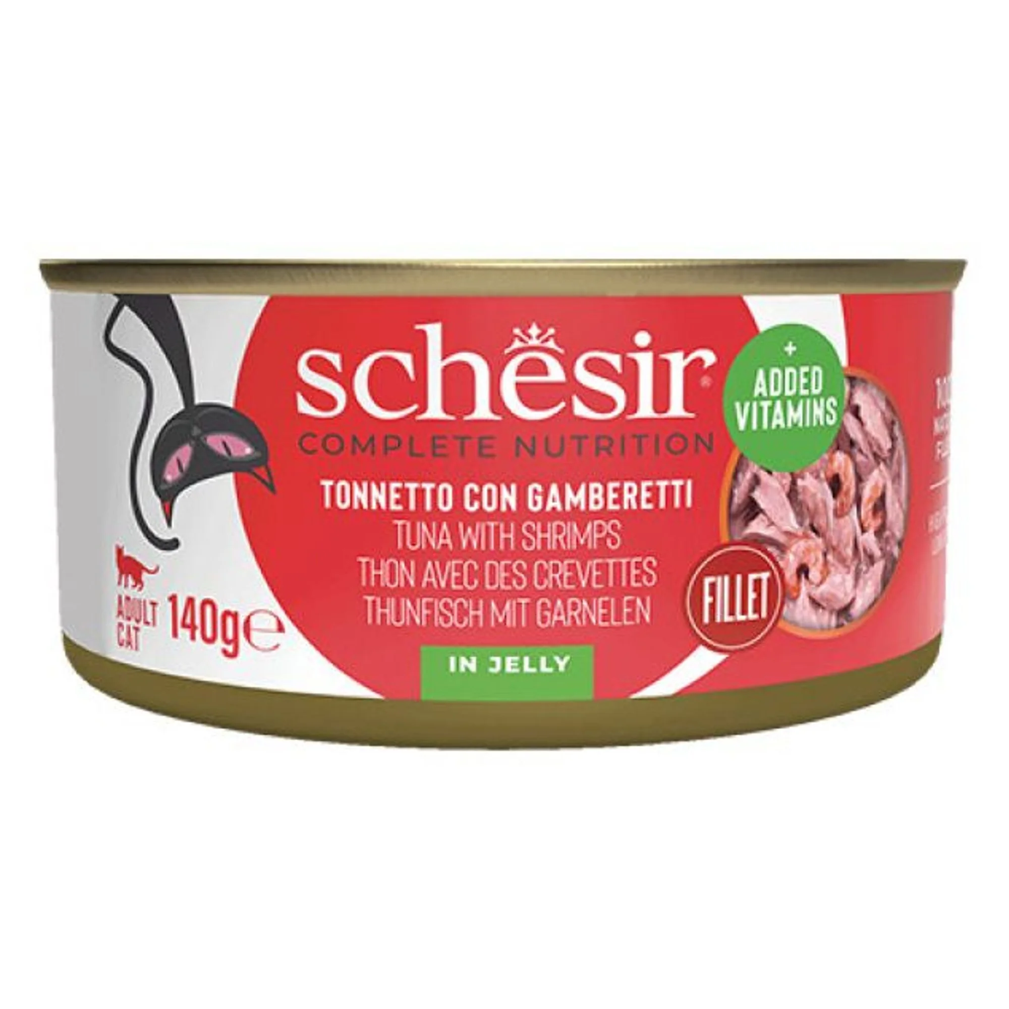 Schesir Schesir Tam ve Dengeli Ton Balığı ile Karidesli Jöle İçinde Kedi Konservesi 140G