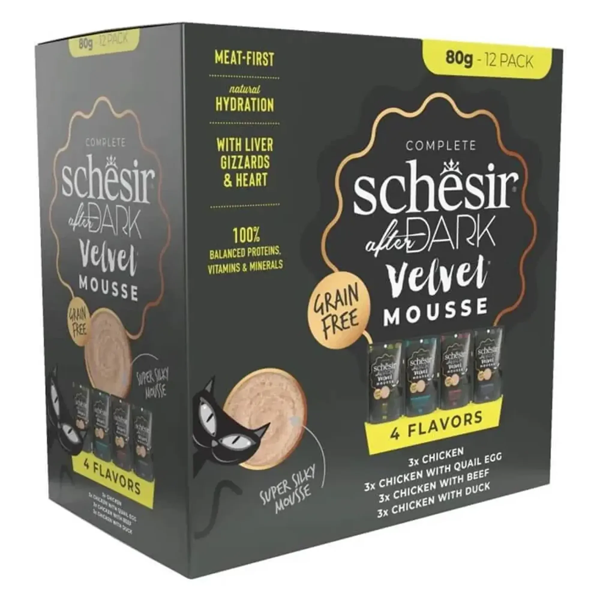 Schesir Schesir After Dark Tavuk&Bıldırcın Yumurtası&Sığır&Ördek Et Suyunda Mus Yetişkin Kedi Pouch Çeşit Paketi 12x80G