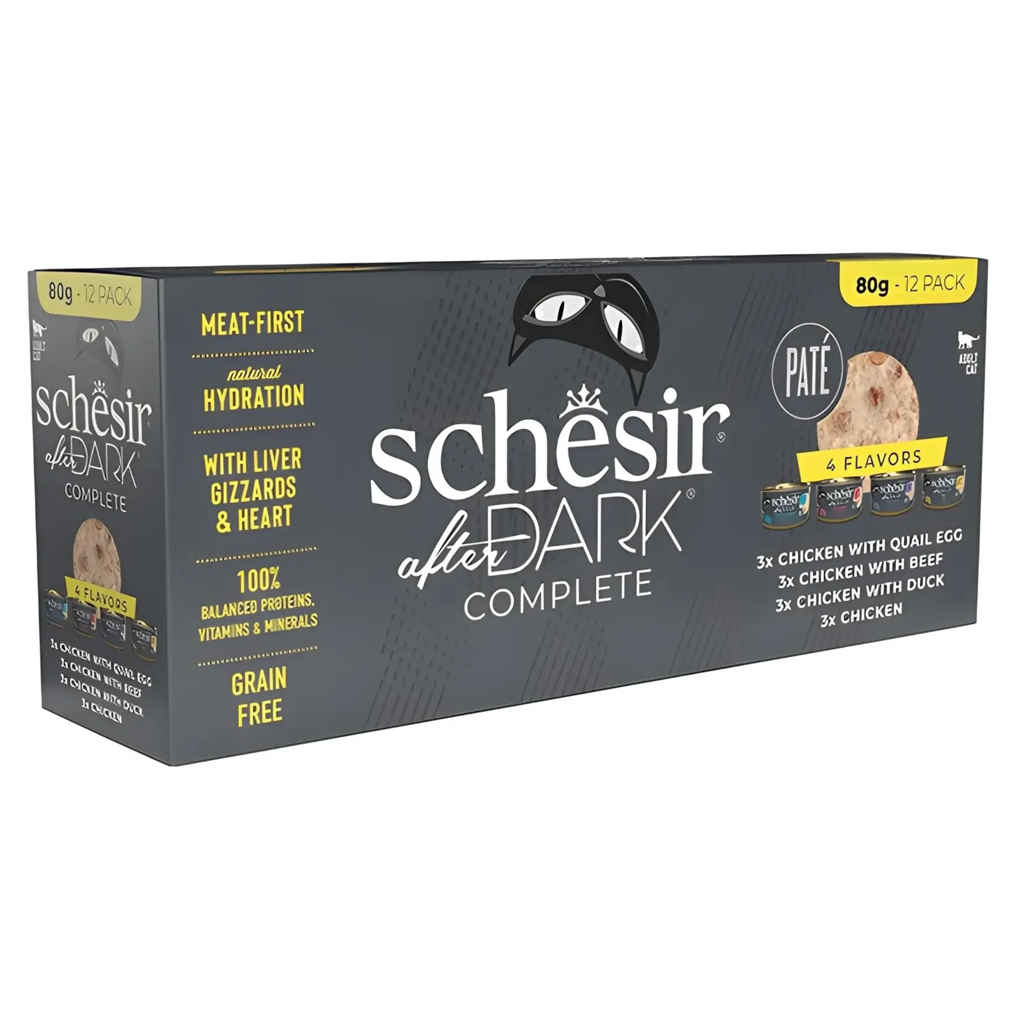 Schesir Schesir After Dark Tavuk&Bıldırcın Yumurtası&Sığır&Ördek Et Suyunda Paté Yetişkin Kedi Konservesi Çeşit Paketi 12x80G