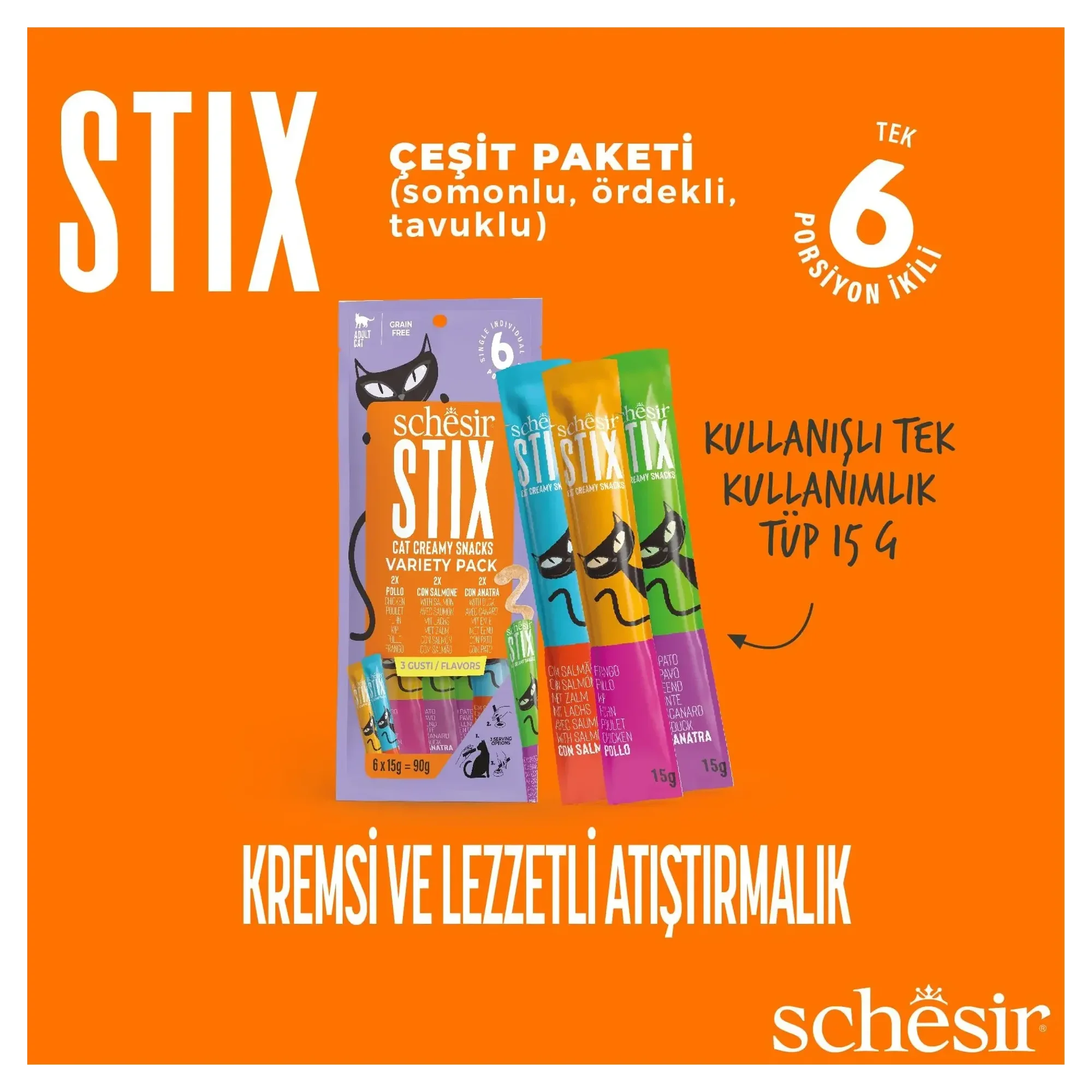 Schesir Schesir Stix Tavuklu & Somonlu & Ördekli Mix Krem Ödül Maması 12x6x15G — 100 g — Görsel 4