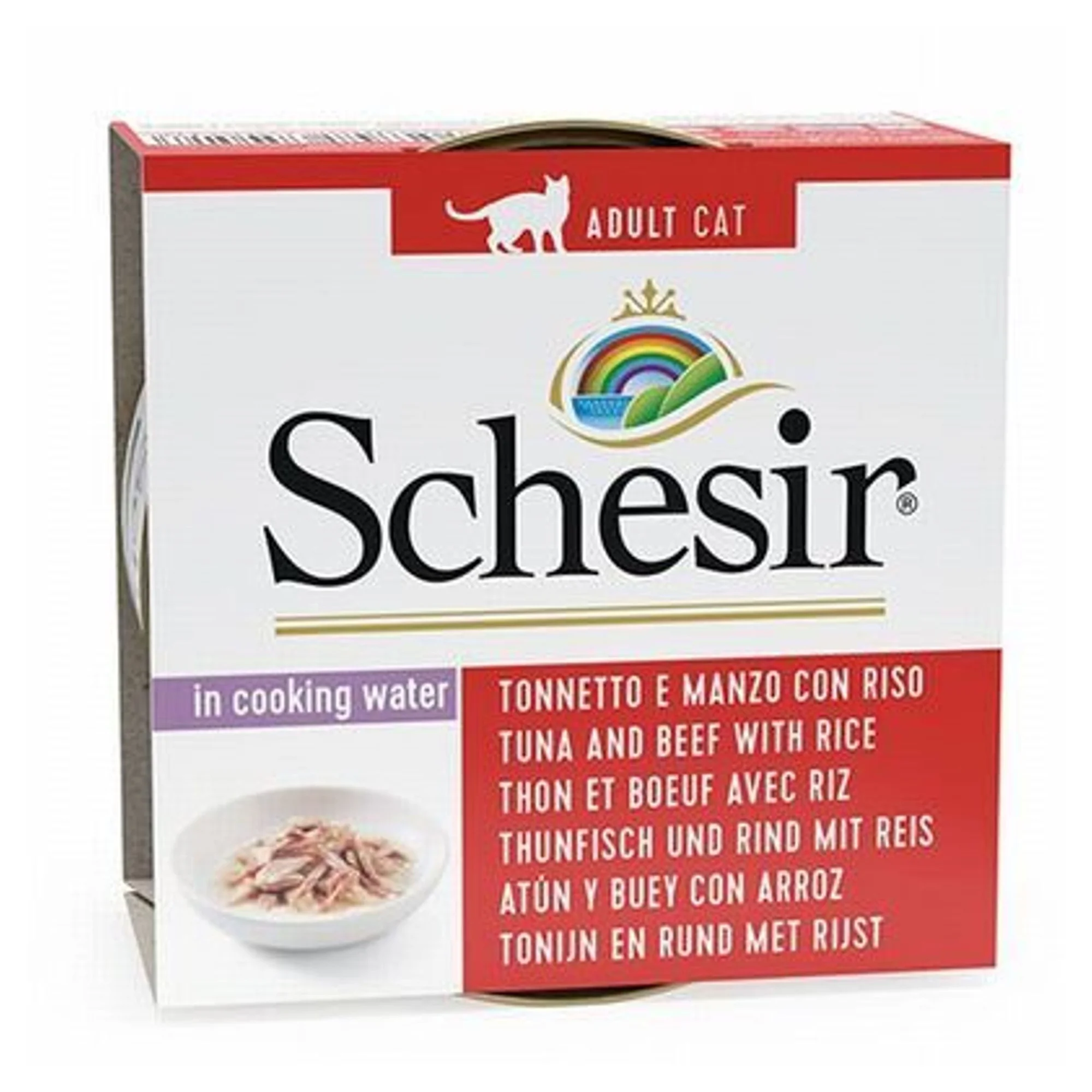 Schesir Schesir Ton Balıklı Sığır Filetolu ve Pirinçli Pişirme Suyunda Yetişkin Kedi Konservesi 85G