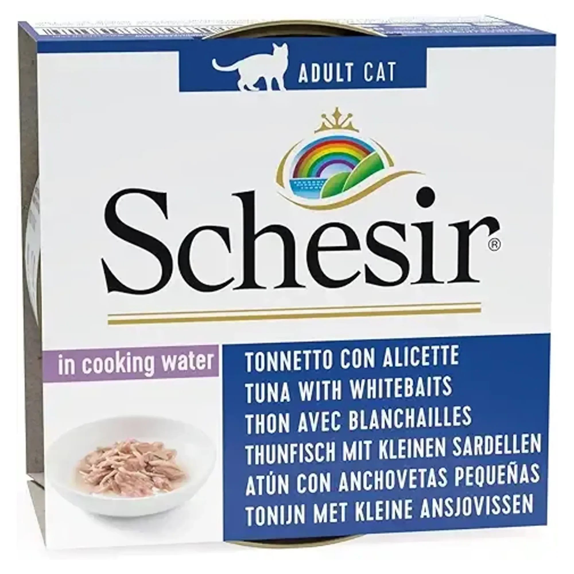 Schesir Schesir Ton Balığı Ringa Balığı ve Pirinçli Pişirme Suyunda Yetişkin Kedi Konservesi 85G