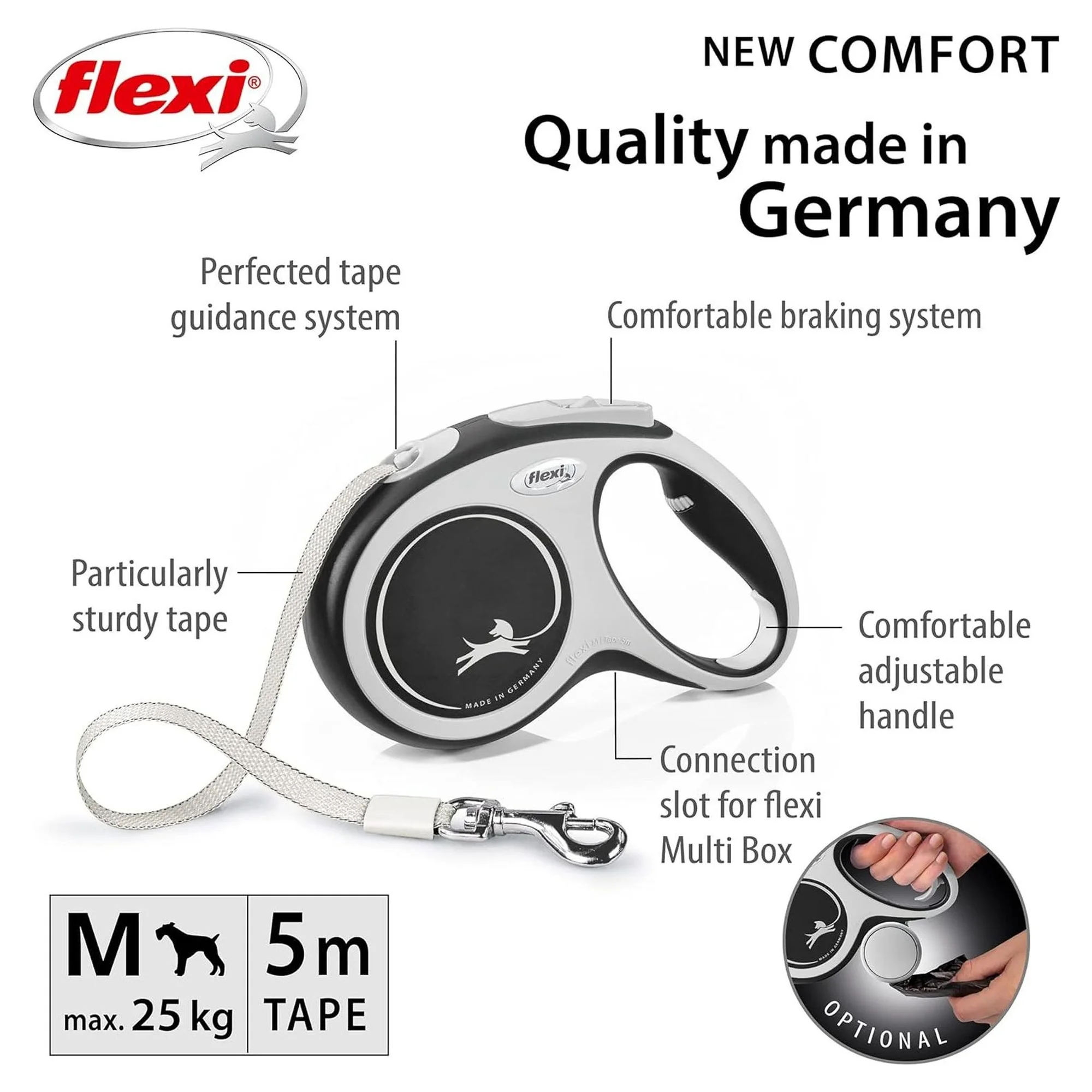 Flexi New Comfort M Beden Siyah Şerit Köpek Gezdirme Tasması 5 M — Gezdirme Kayışları, 350 g — Görsel 2