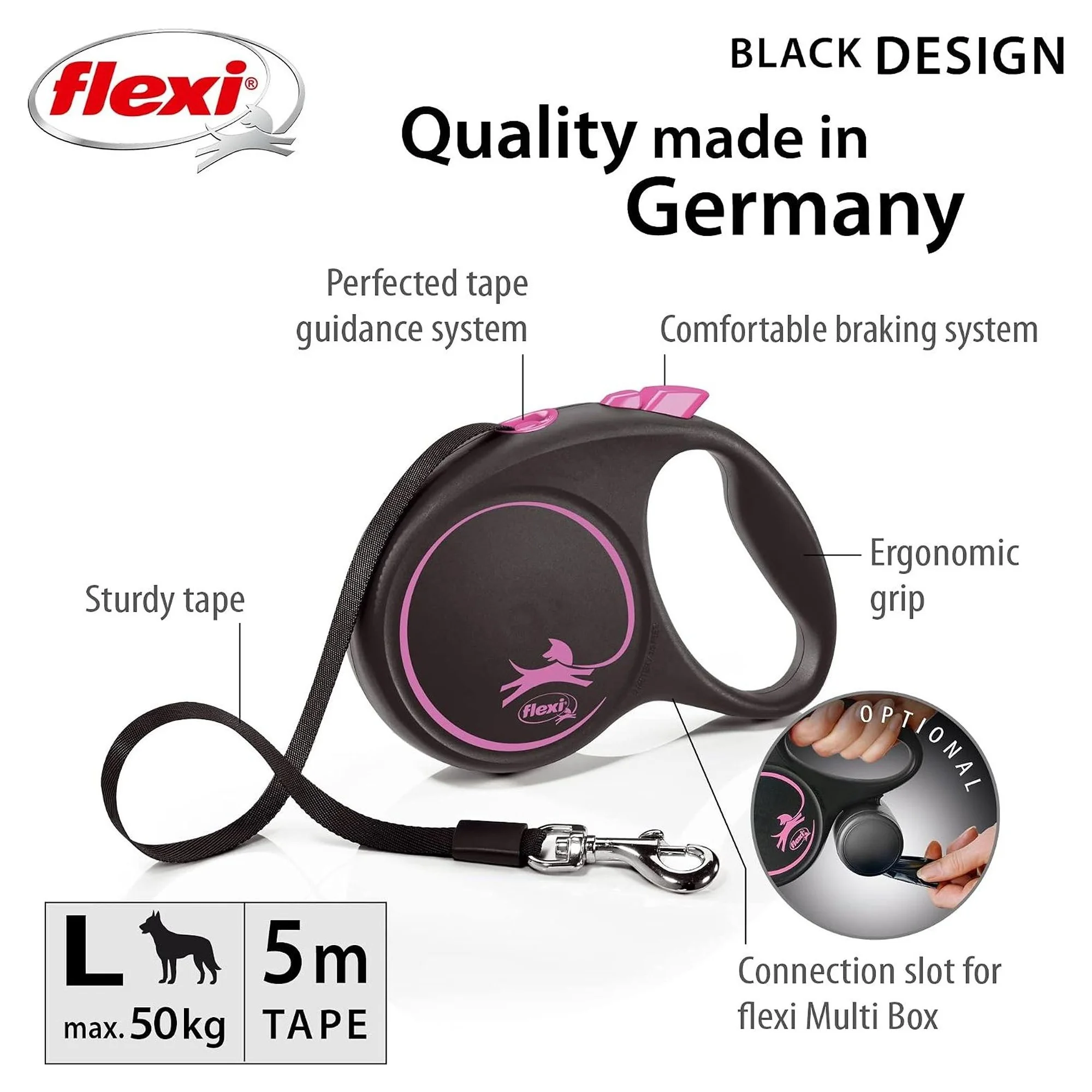 Flexi Black Design L Otomatik Şerit Köpek Gezdirme Kayışı Pembe 5 M — Gezdirme Kayışları, 380 g — Görsel 2