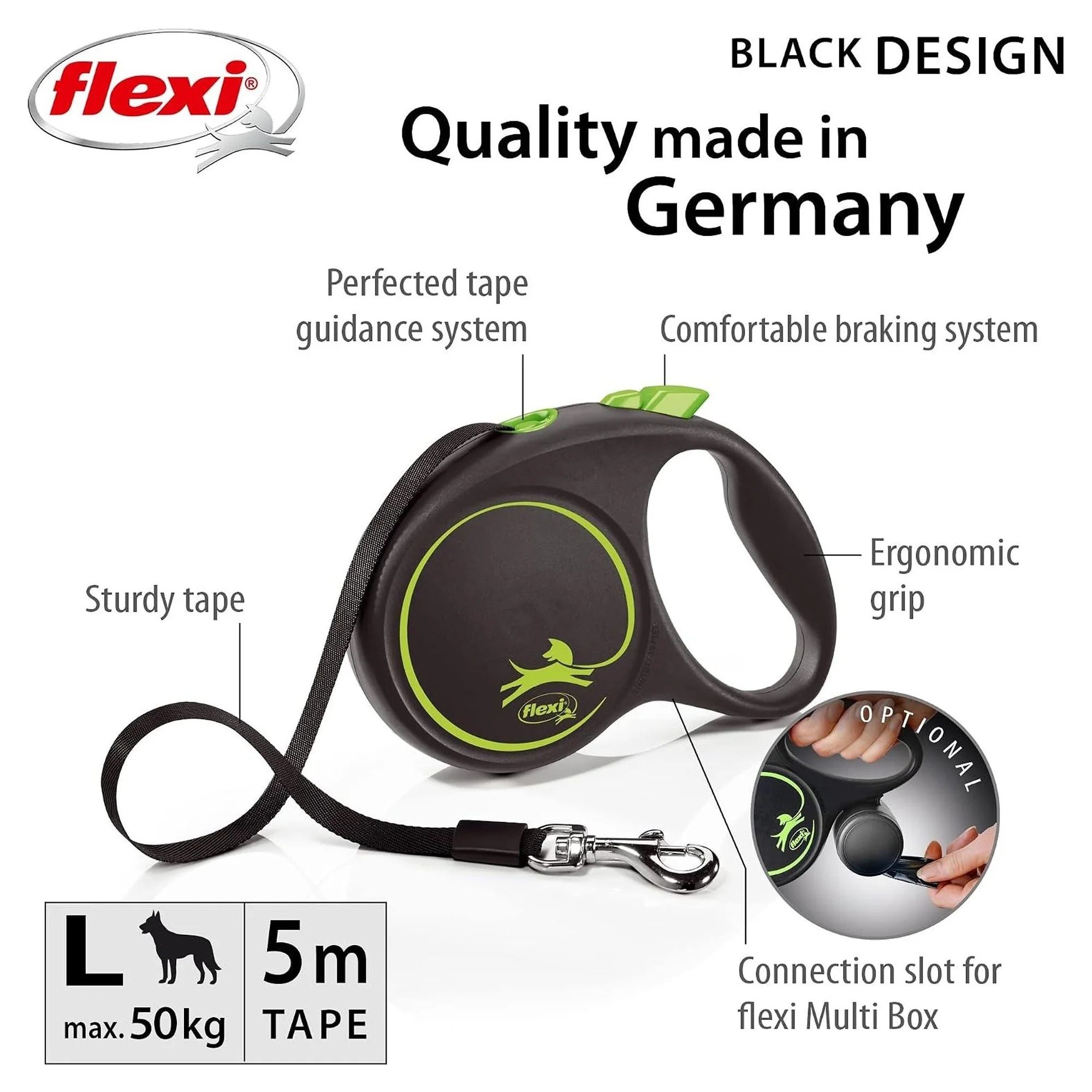 Flexi Black Design L Otomatik Şerit Köpek Gezdirme Kayışı Yeşil 5M — Gezdirme Kayışları, 385 g — Görsel 2