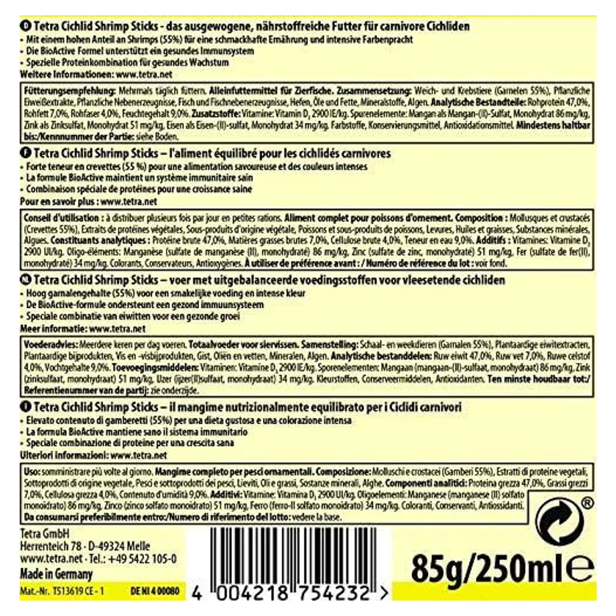 Tetra Cichlid Shrimp Sticks Cichlid Çubuk Balık Yemi - Karidesli - 250 mL — Stick Yemler, 100 g — Görsel 3