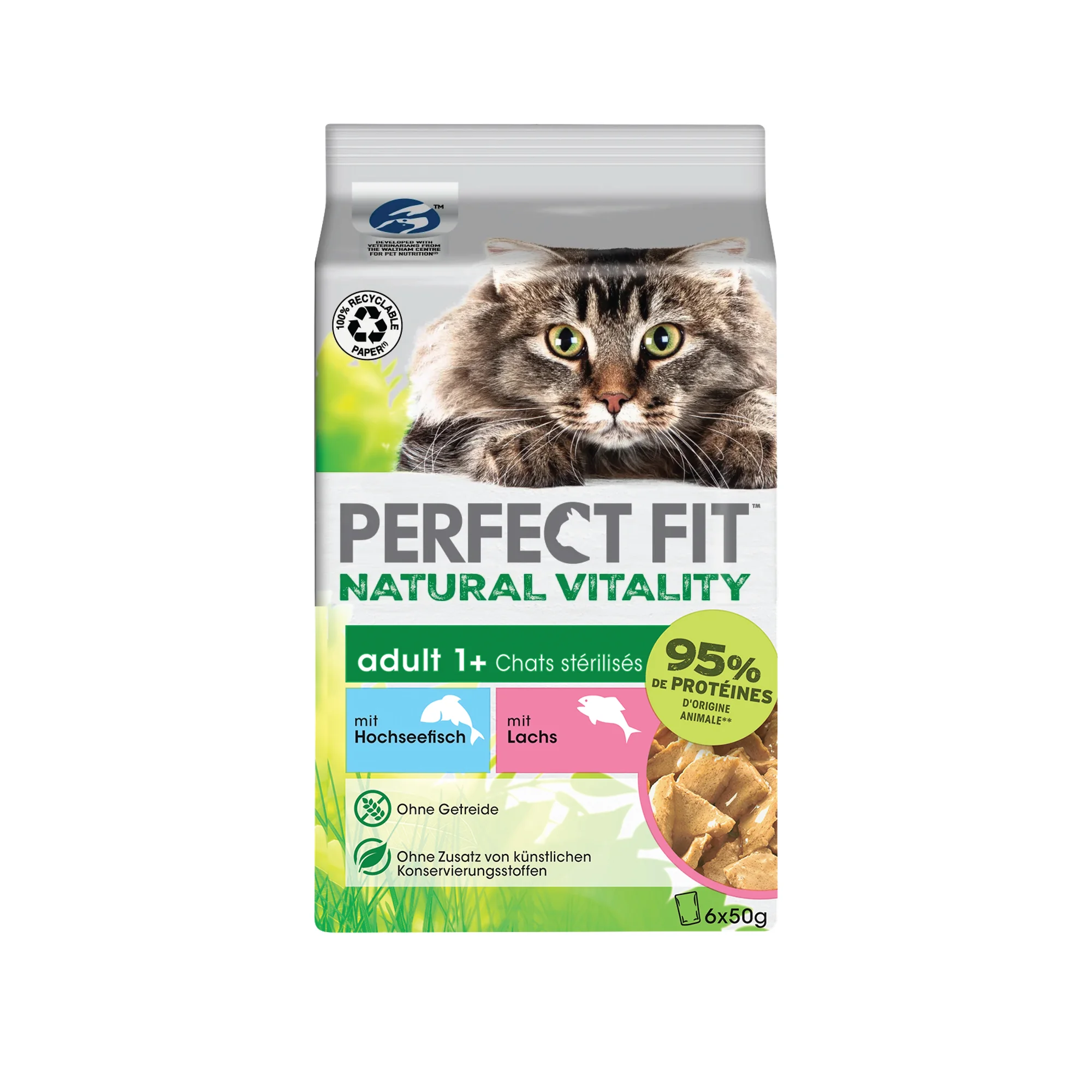 Perfect Fit Okyanus Balığı ve Somonlu Kısırlaştırılmış Yetişkin Kedi Yaş Mama 50 G