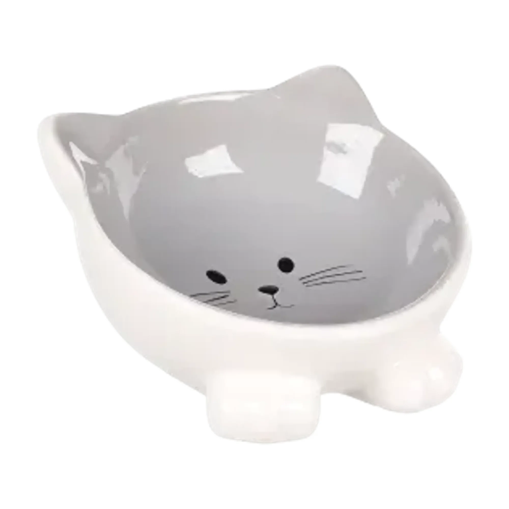 Flamingo Puzi Kedi Kulaklı Desenli Gri Seramik Mama ve Su Kabı 125 mL