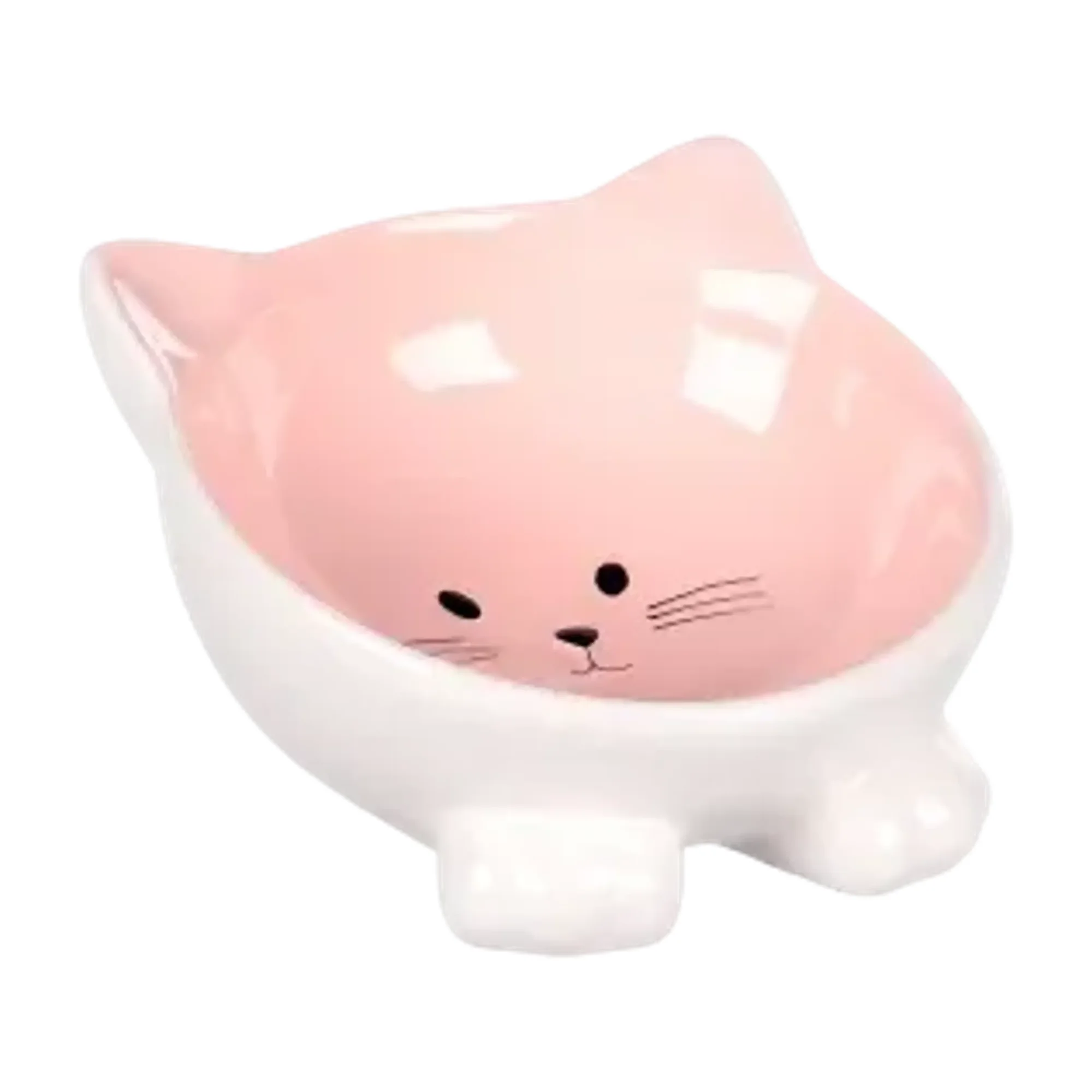 Flamingo Puzi Kedi Kulaklı Desenli Pembe Seramik Mama ve Su Kabı 125 mL