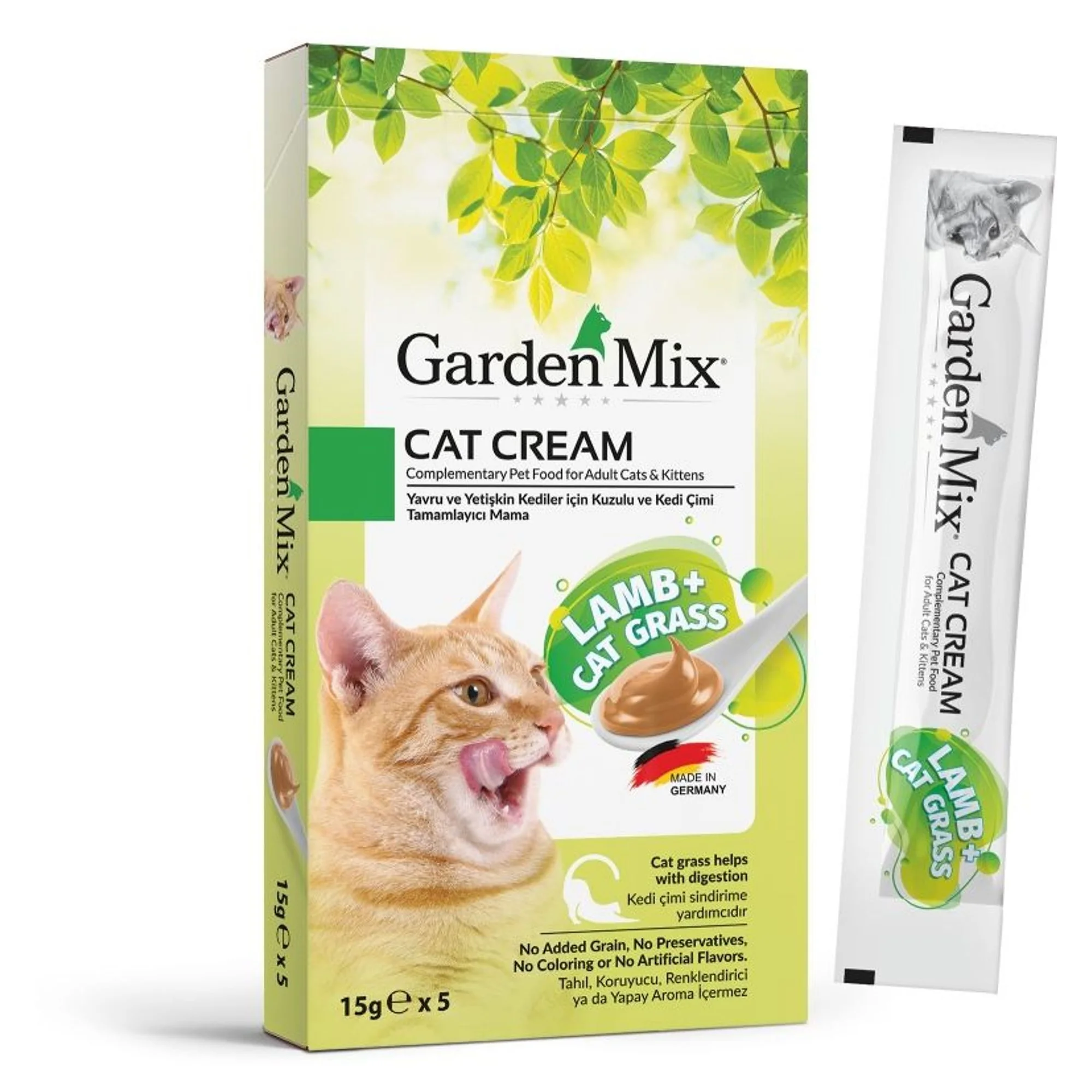 Garden Mix Garden Mix Kuzu Etli v Kedi Çimli Sindirim Destekleyici Krem Kedi Maması 5x15 G