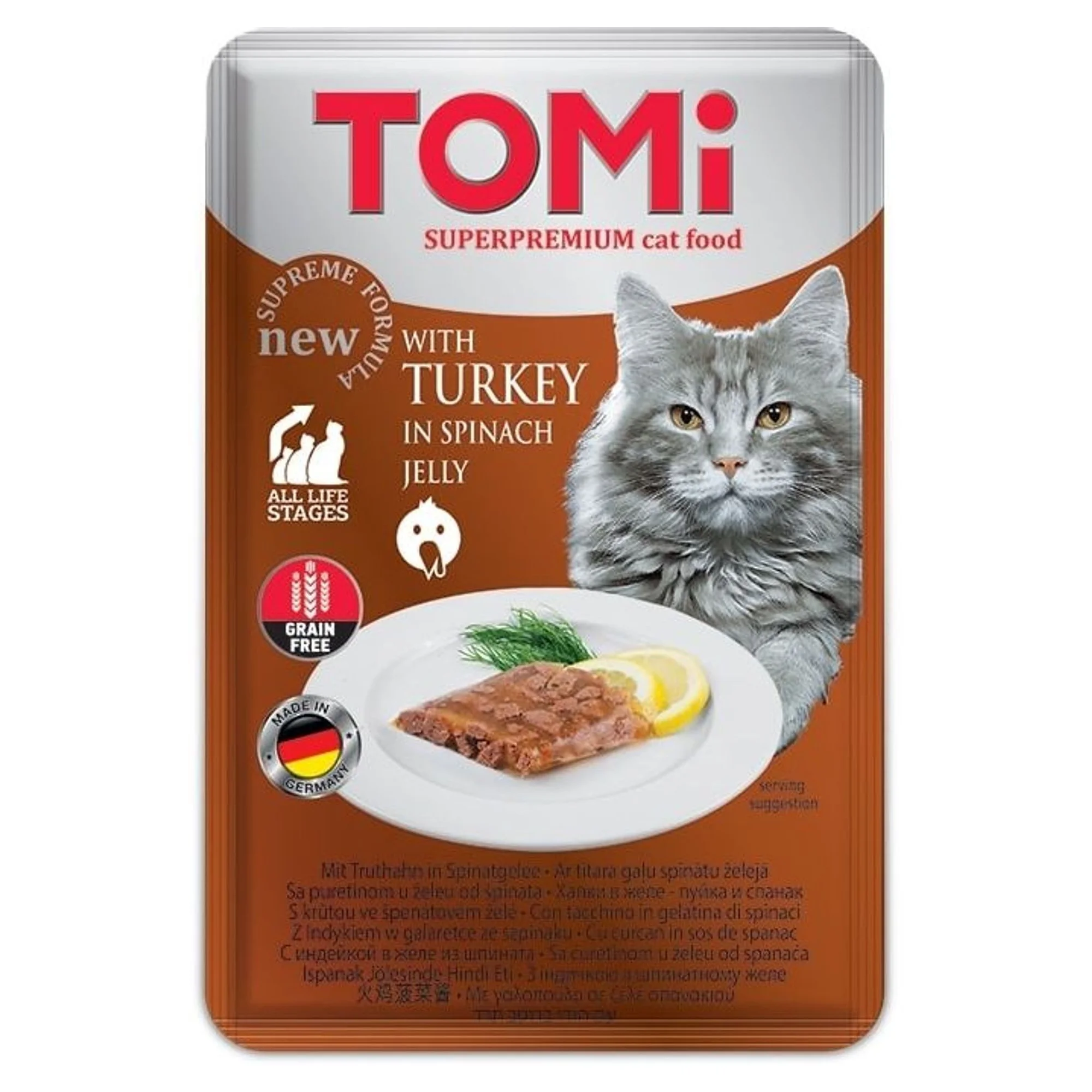 Tomi Hindi ve Ispanak Tahılsız Yetişkin Kedi Yaş Mama 100 G