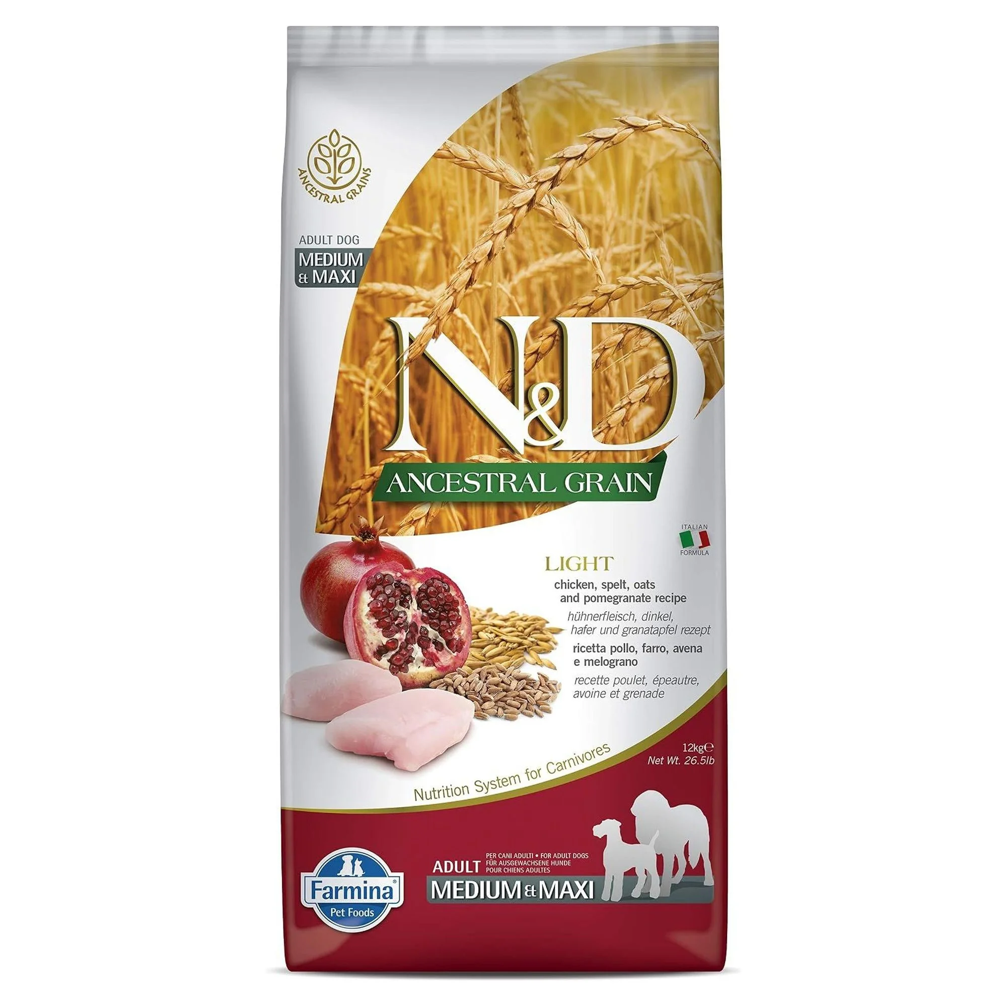 N&D Ancestral Grain Ata Tahıllı Light Tavuklu Narlı Buğdaylı ve Yulaflı Büyük ve Orta Irk Yetişkin Köpek Maması 12 KG