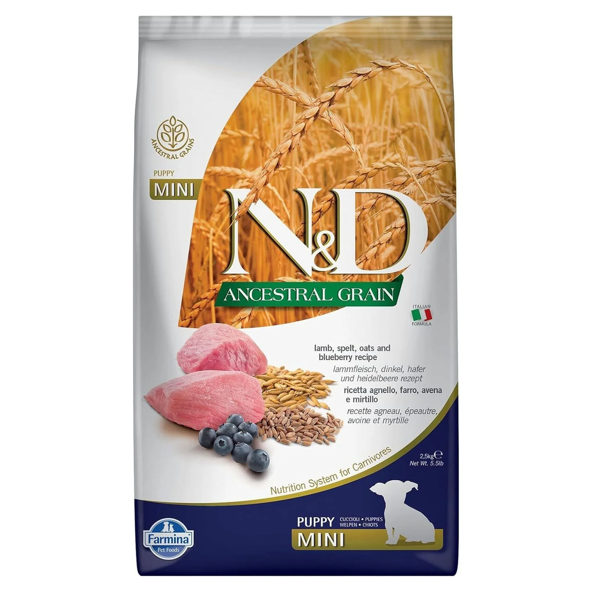 N&D Ancestral Grain Ata Tahıllı Kuzu Etli Buğdaylı Yaban Mersinli ve Yulaflı Mini Irk Yavru Köpek Maması 2.5 KG