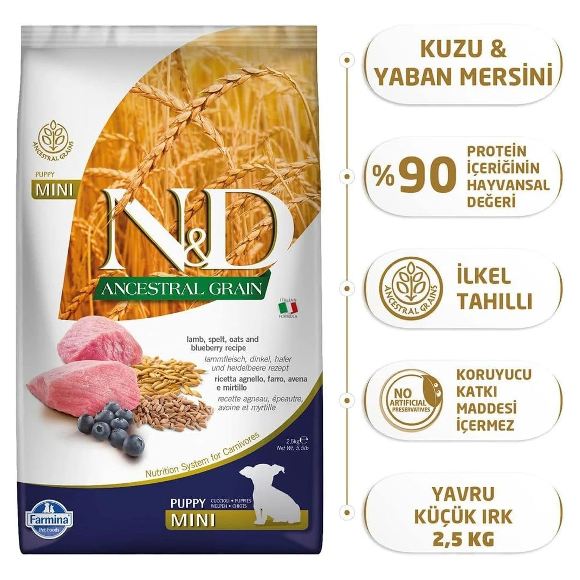N&D Ancestral Grain Ata Tahıllı Kuzu Etli Buğdaylı Yaban Mersinli ve Yulaflı Mini Irk Yavru Köpek Maması 2.5 KG — Normal, 2.6 kg — Görsel 2
