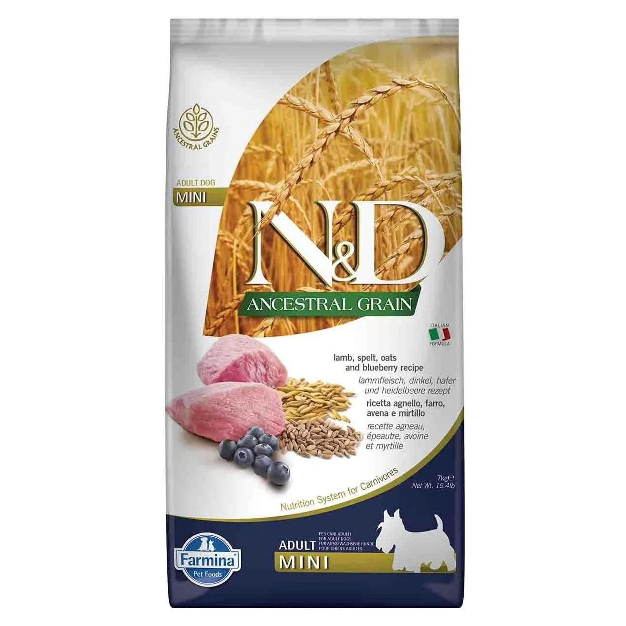 N&D Ancestral Grain Ata Tahıllı Kuzu Etli Buğdaylı Yaban Mersinli ve Yulaflı Mini Irk Yetişkin Köpek Maması 7 KG