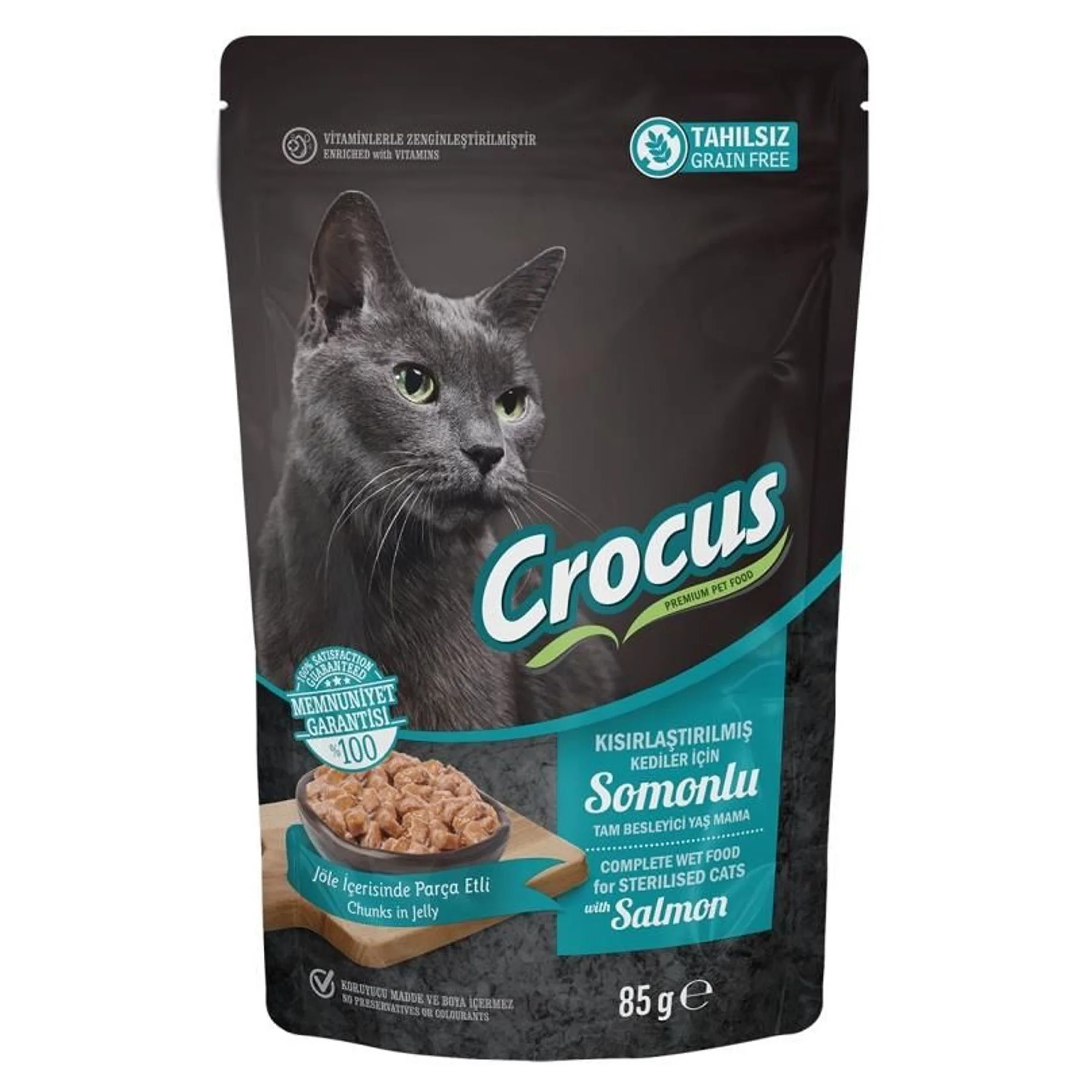 Crocus Tahılsız Somonlu ve Jöleli Kısırlaştırılmış Yetişkin Kedi Kese Yaş Mama 85 G