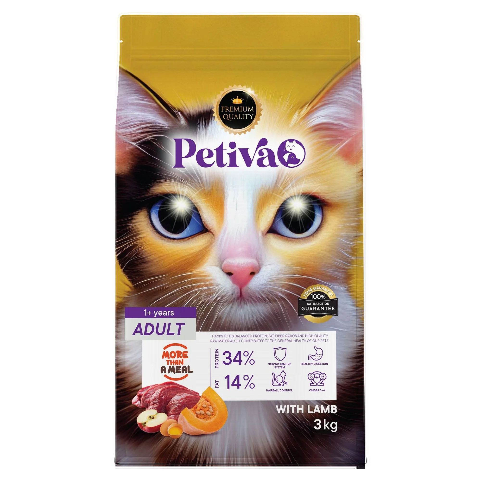Petiva Yetişkin Kediler İçin Kuzu Etli Kuru Kedi Maması (3 Kg, Kuzu)
