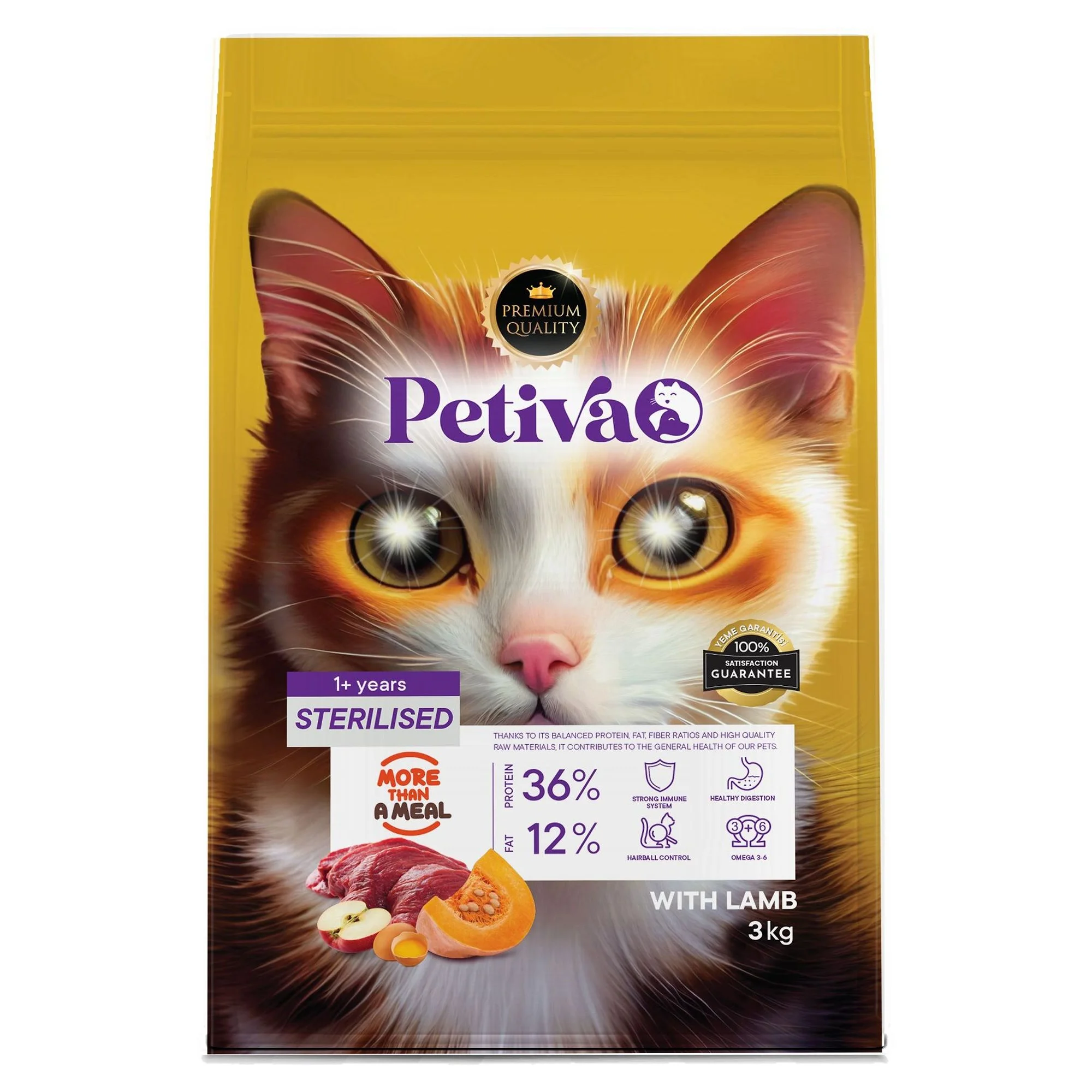Petiva Petiva Kısırlaştırılmış Yetişkin Kediler İçin Kuzu Etli Kuru Kedi Maması (3 Kg, Kuzu)