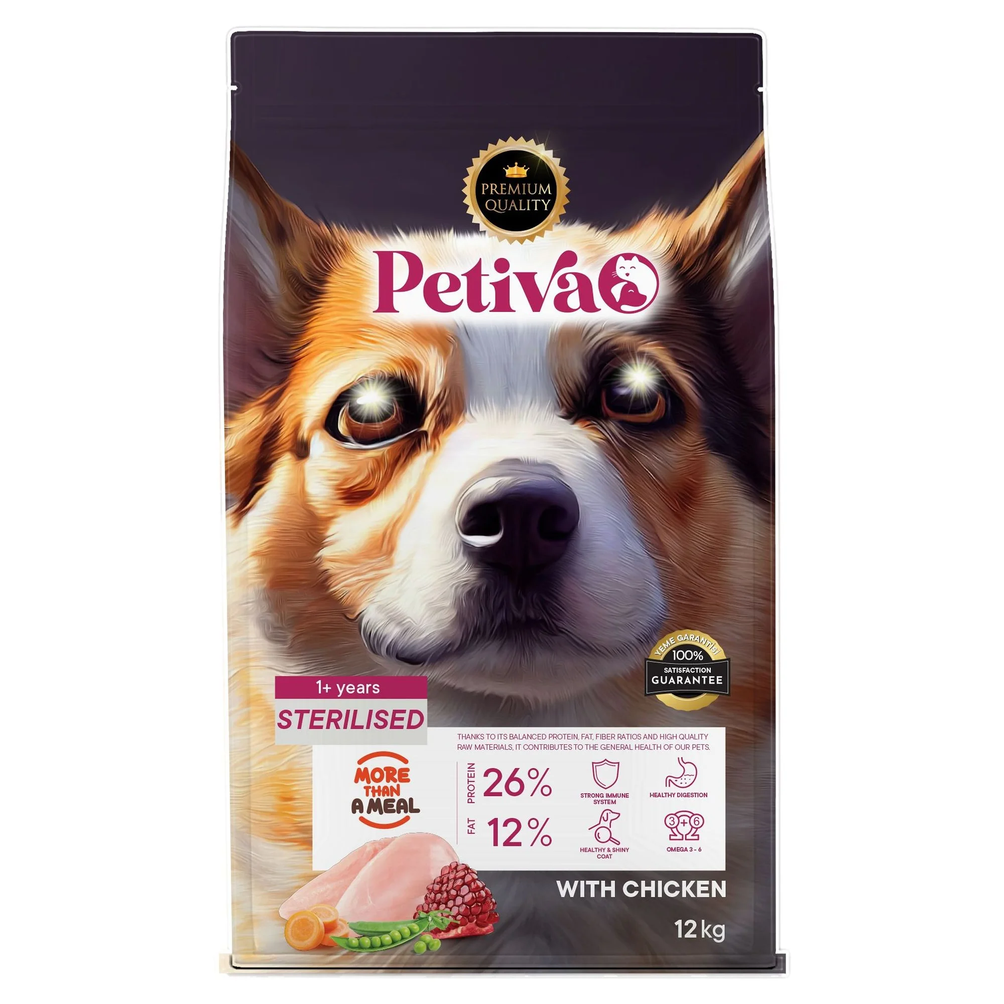 Petiva Kısırlaştırılmış Yetişkin Köpekler İçin Tavuk Etli Kuru Köpek Maması (12 Kg, Tavuk)