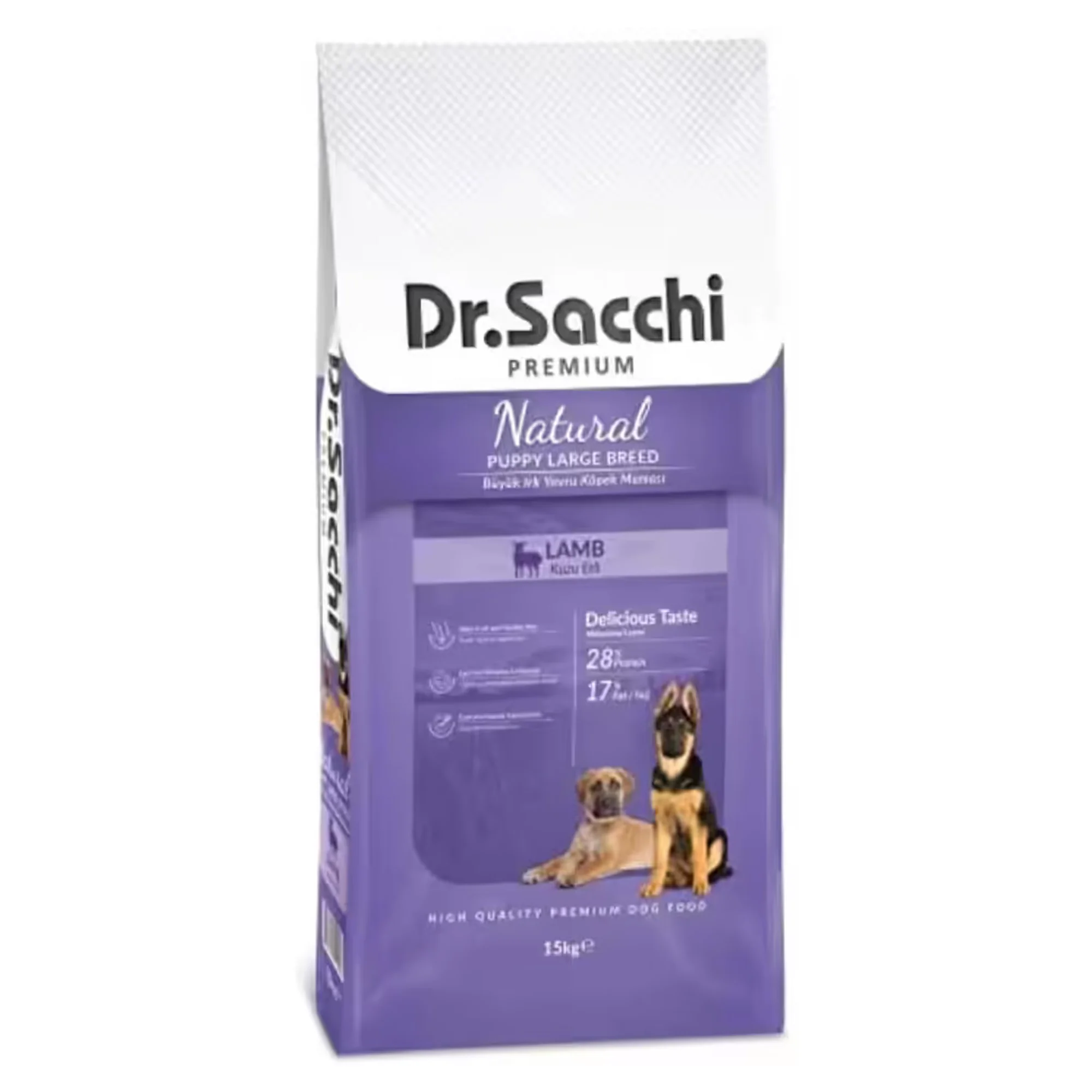 Dr.Sacchi Dr. Sacchi Premium Natural Kuzu Etli Büyük Yavru Köpek Maması 15 KG + Challenge Köpek Konserve 12x400G Hediyeli