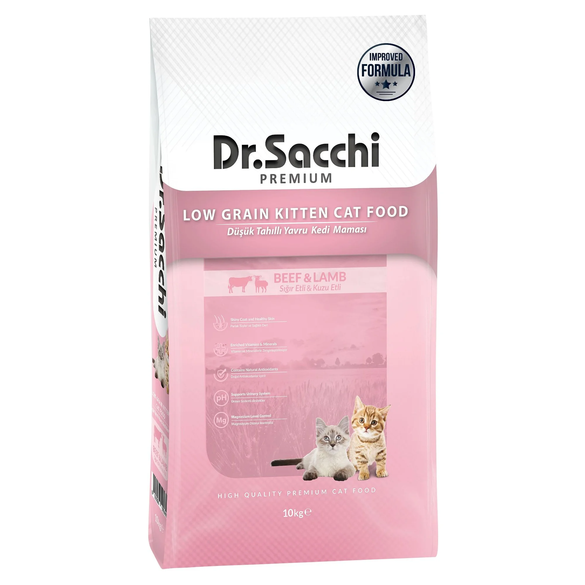 Dr.Sacchi Premium Düşük Tahıllı Dana ve Kuzu Etli Yavru Kedi Maması 10KG + GimCat Malt Soft Extra 100 G Hediyeli
