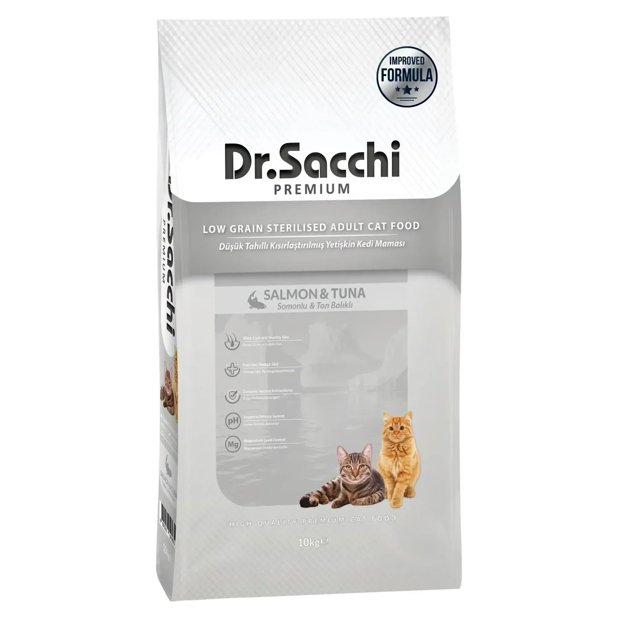 Dr.Sacchi Premium Düşük Tahıllı Somonlu ve Ton Balıklı Kısırlaştırılmış Yetişkin Kedi Maması 10 KG+ GimCat Malt Soft Extra 100 G Hediyeli