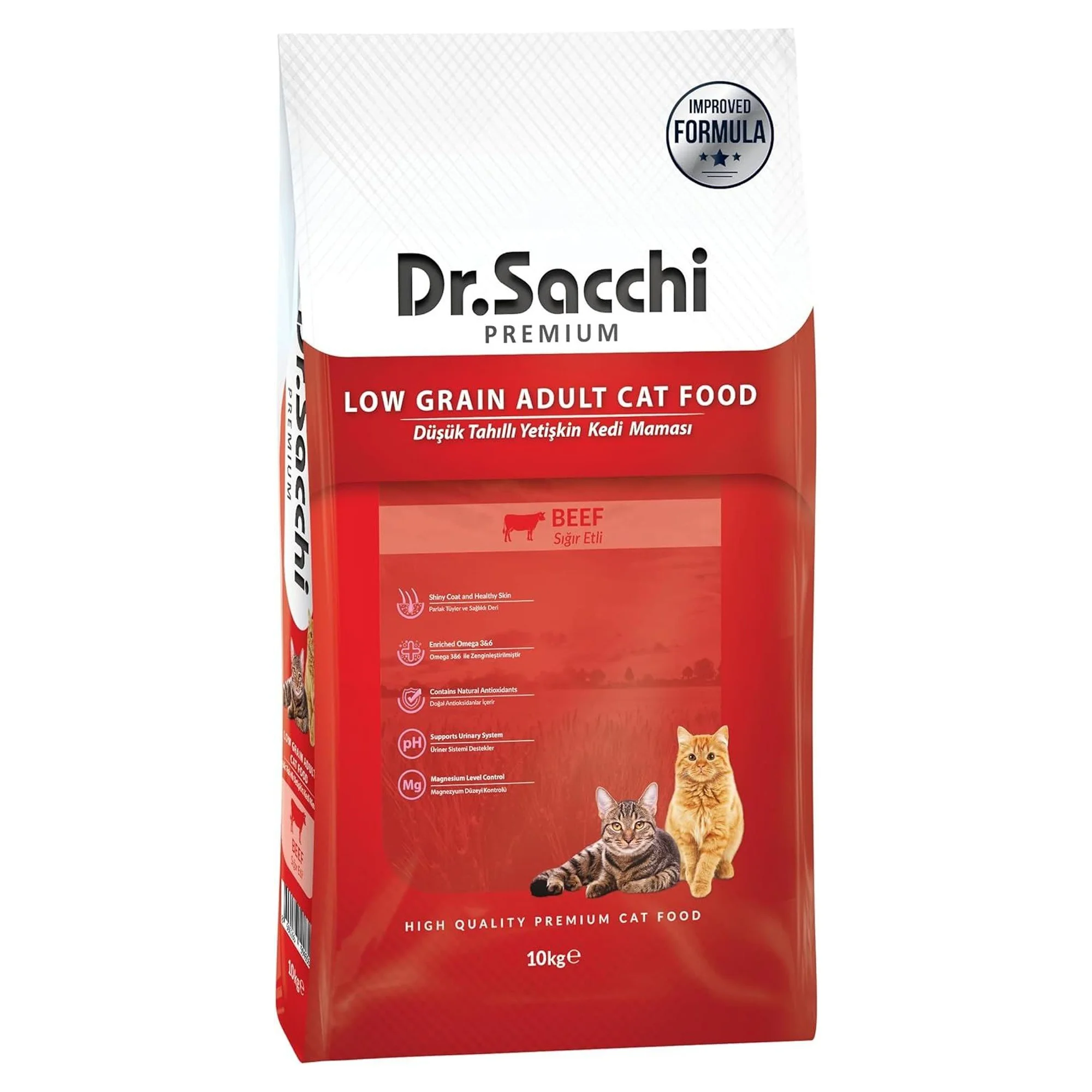 Dr.Sacchi Dr.Sacchi Premium Düşük Tahıllı Sığır Etli Yetişkin Kedi Maması 10 KG + Challenge Kedi Konservesi 12x400G Hediyeli