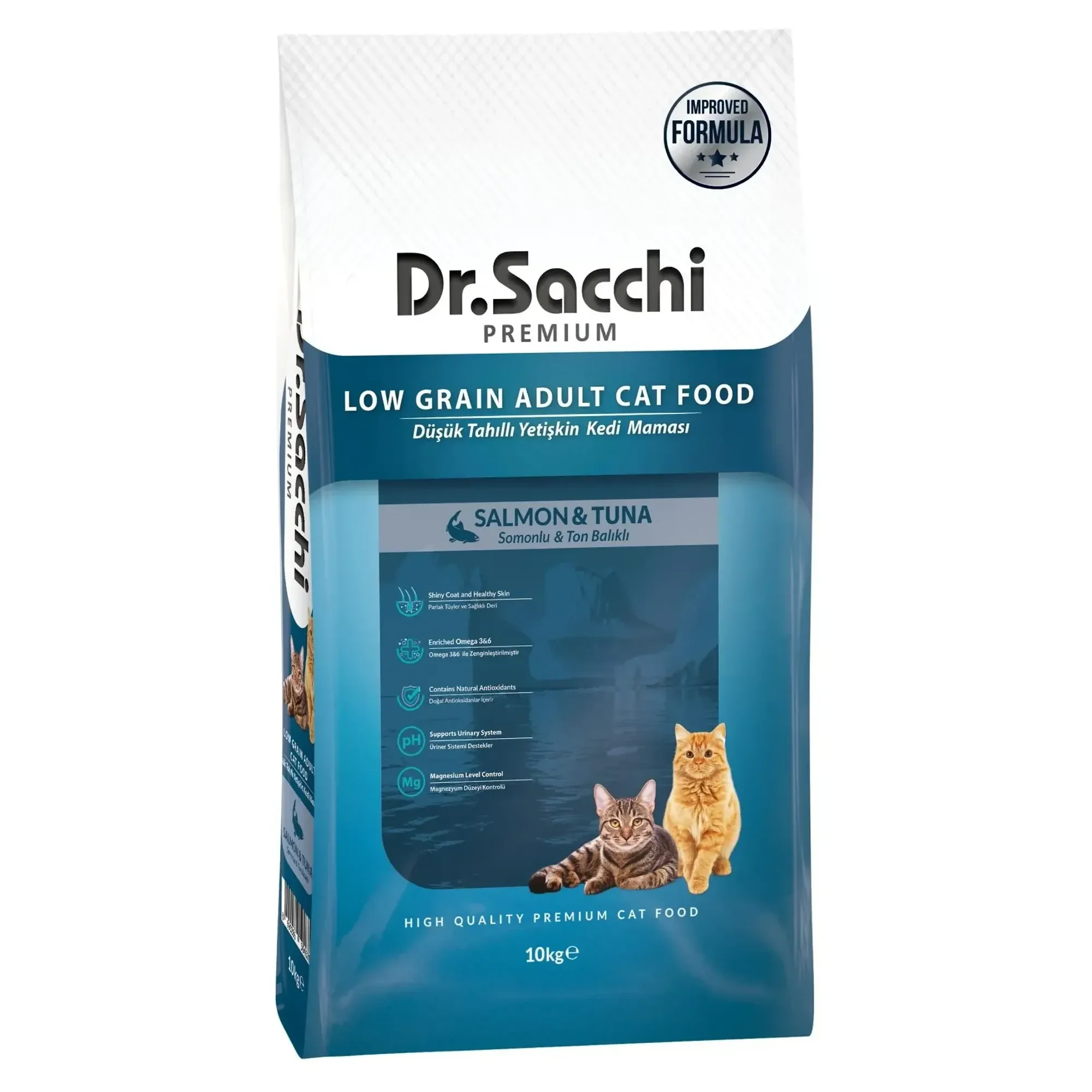 Dr.Sacchi Premium Düşük Tahıllı Somonlu ve Ton Balıklı Yetişkin Kedi Maması 10 KG
