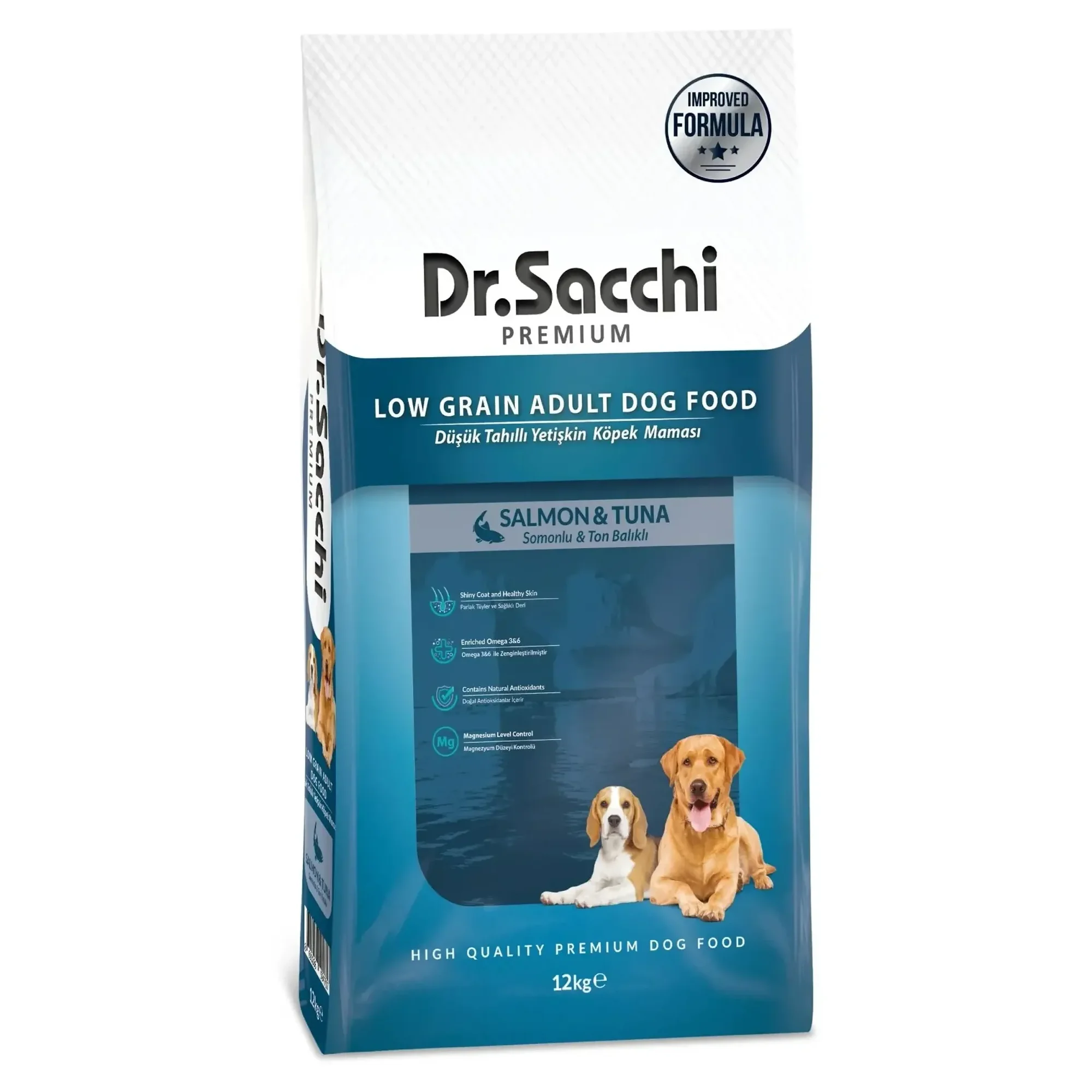 Dr.Sacchi Dr.Sacchi Premium Düşük Tahıllı Somonlu ve Ton Balıklı Yetişkin Köpek Maması 12KG