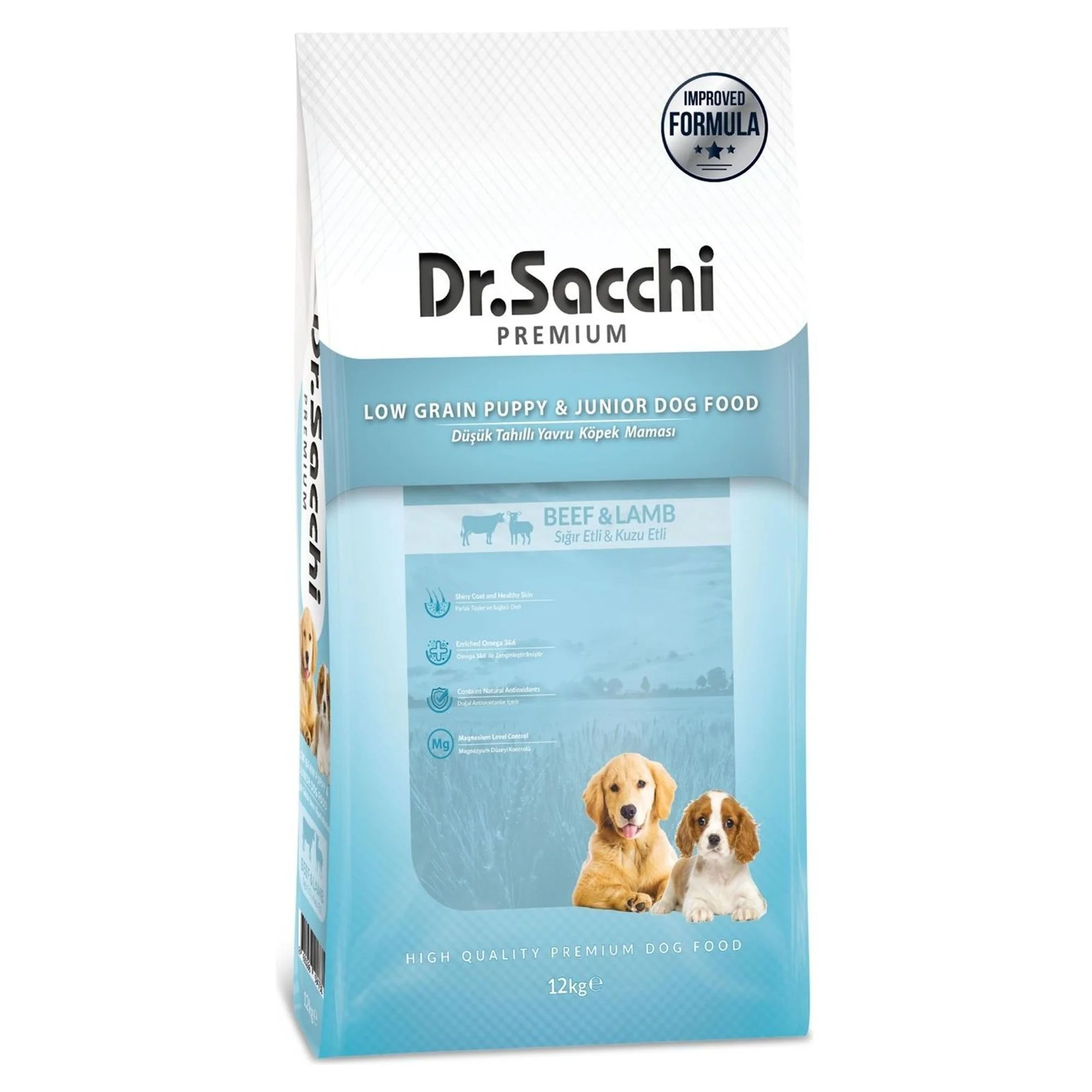 Dr.Sacchi Premium Düşük Tahıllı Sığır ve Kuzu Etli Yavru Köpek Maması 12 KG
