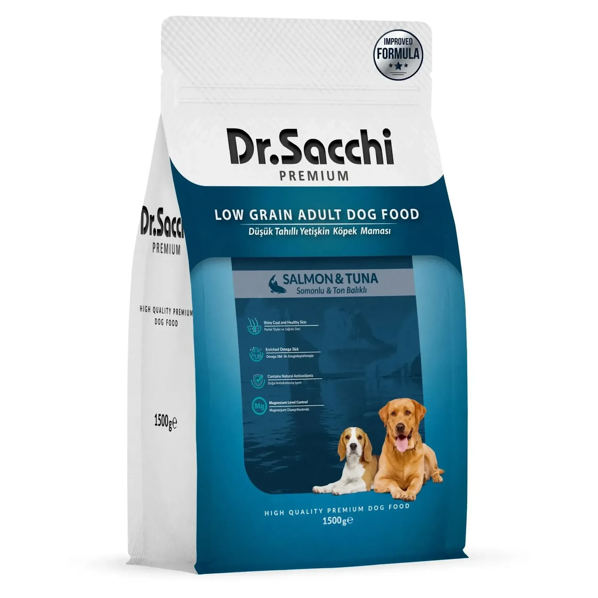 Dr.Sacchi Premium Düşük Tahıllı Somonlu ve Ton Balıklı Yetişkin Köpek Maması 1.5 KG