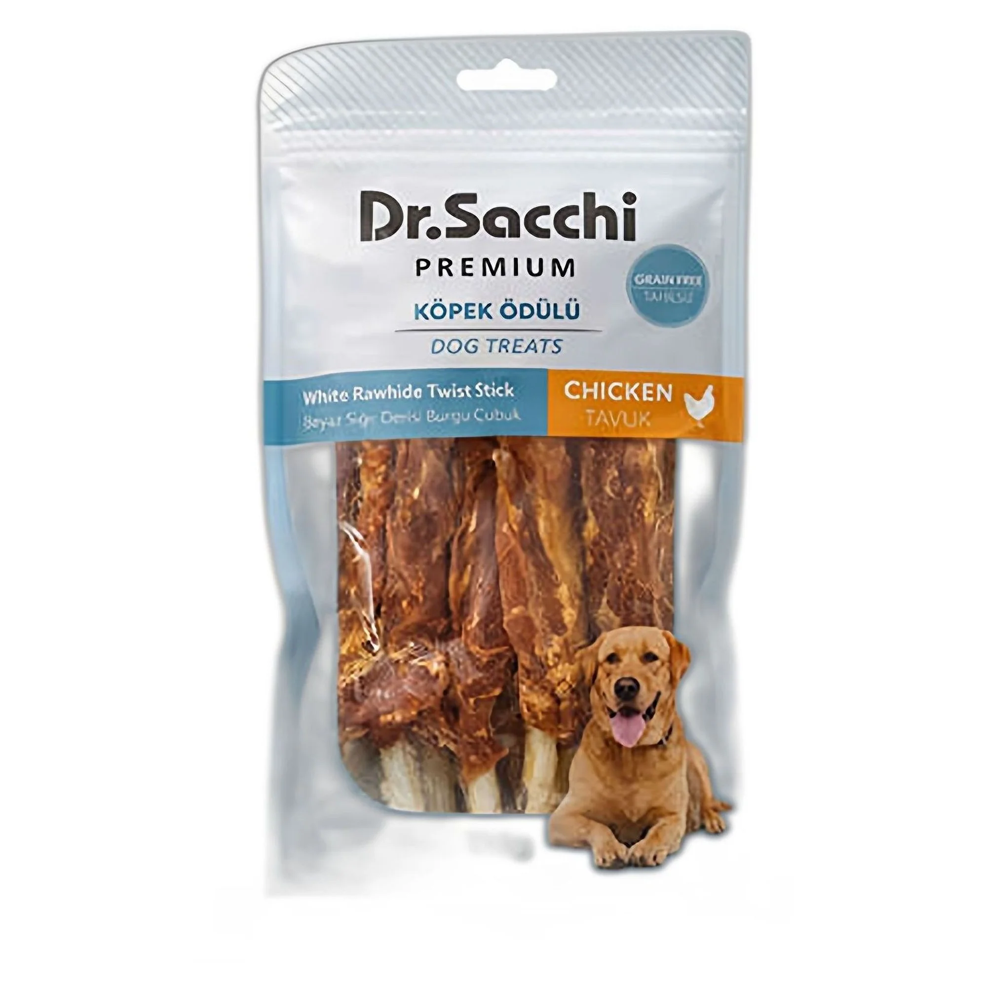 Dr.Sacchi Premium Tahılsız Tavuklu ve Beyaz Sığır Derili Burgu Çubuk Köpek Ödülü 5'' 5'li 100 G