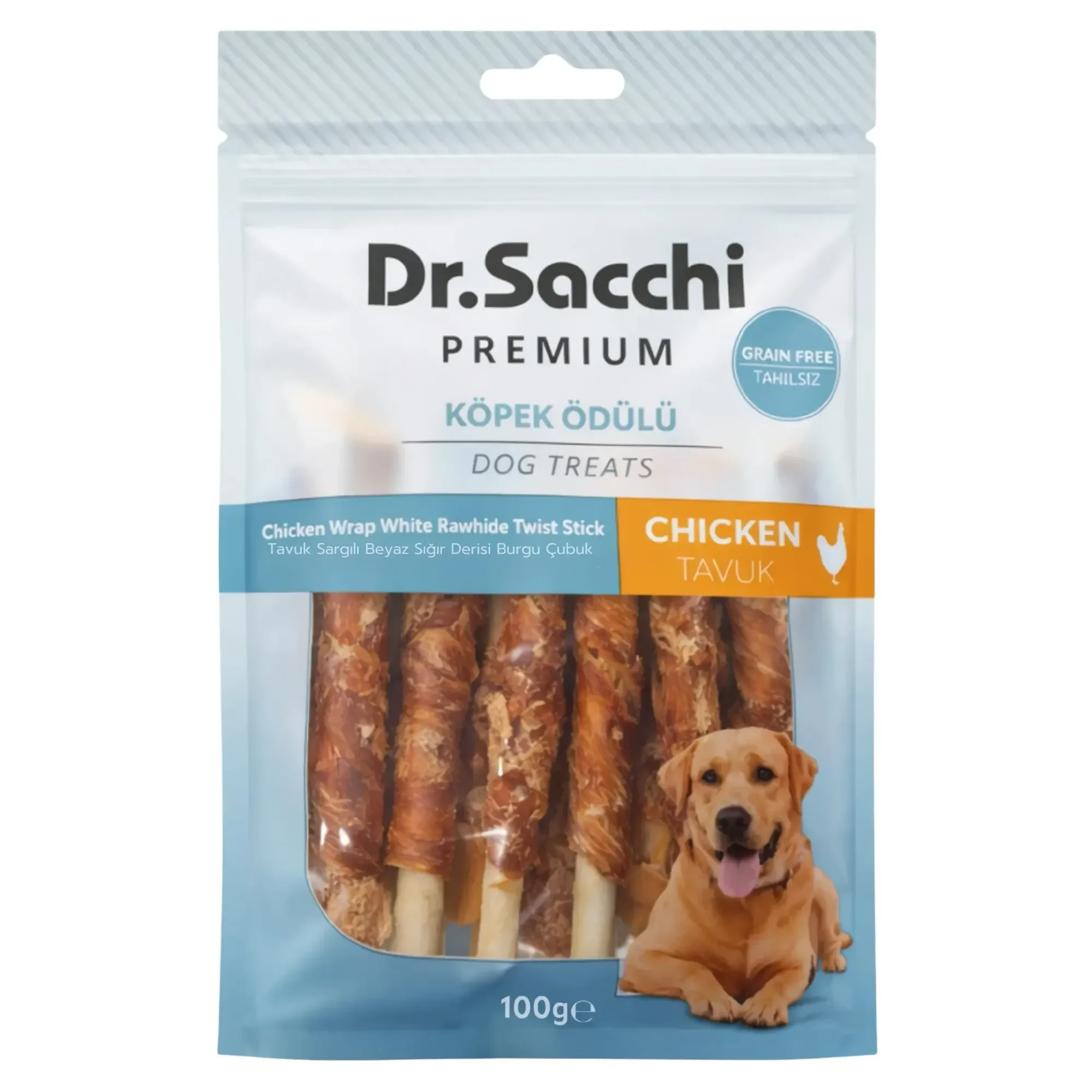 Dr.Sacchi Premium Tahılsız Tavuk Sargılı Beyaz Sığır Derisi Burgu Çubuk Köpek Ödülü 5'' 10'lu 100 G