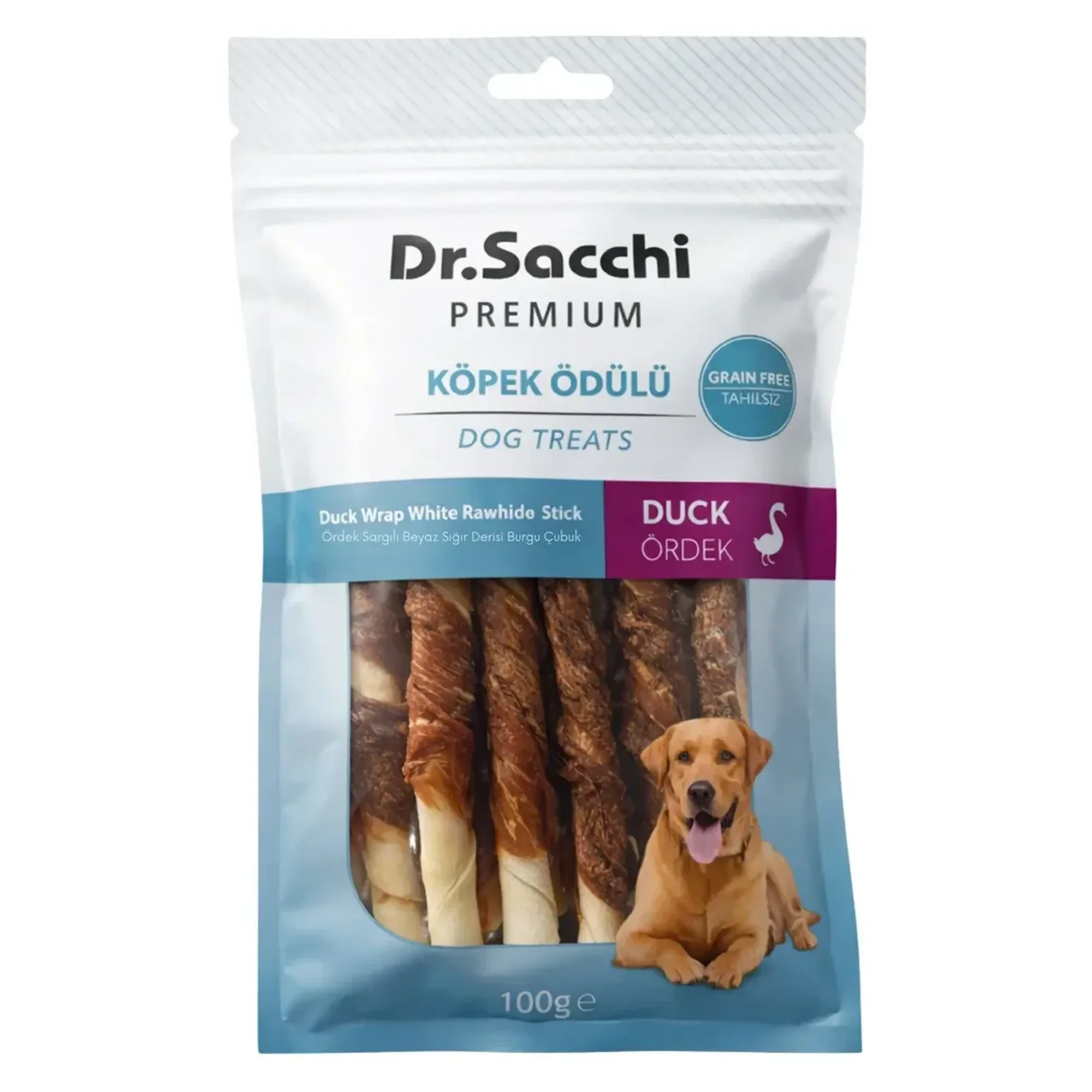 Dr.Sacchi Premium Tahılsız Ördek Sargılı Beyaz Sığır Derisi Burgu Çubuk Köpek Ödülü 10'lu 100 G