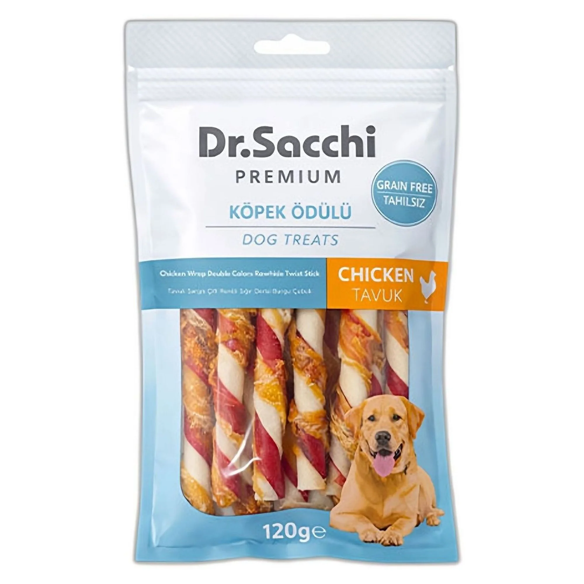 Dr.Sacchi Premium Tahılsız Tavuk Sargılı Çift Renkli Sığır Derisi Burgu Çubuk Köpek Ödülü 5'' 10'lu 120 G