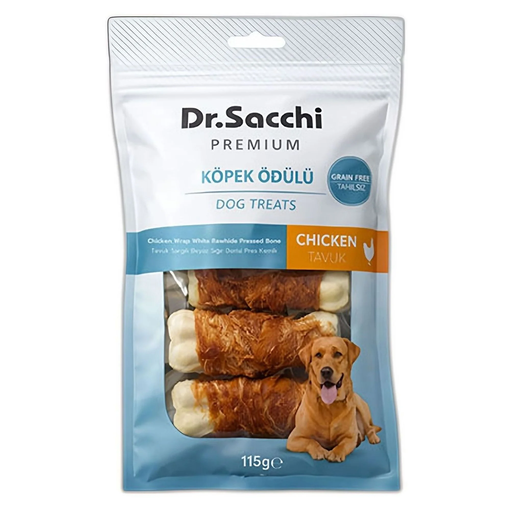 Dr.Sacchi Premium Tavuk Sargılı Beyaz Sığır Derisi Pres Kemik Tahılsız Köpek Ödülü 3” 5'li 115 G