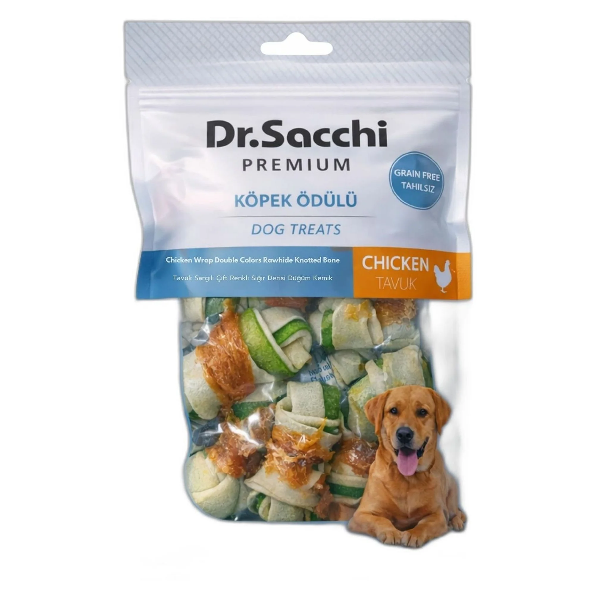 Dr.Sacchi Premium Tahılsız Tavuk Sargılı Çift Renkli Sığır Derisi Düğüm Kemik Köpek Ödülü 2“ 8'li 110 G