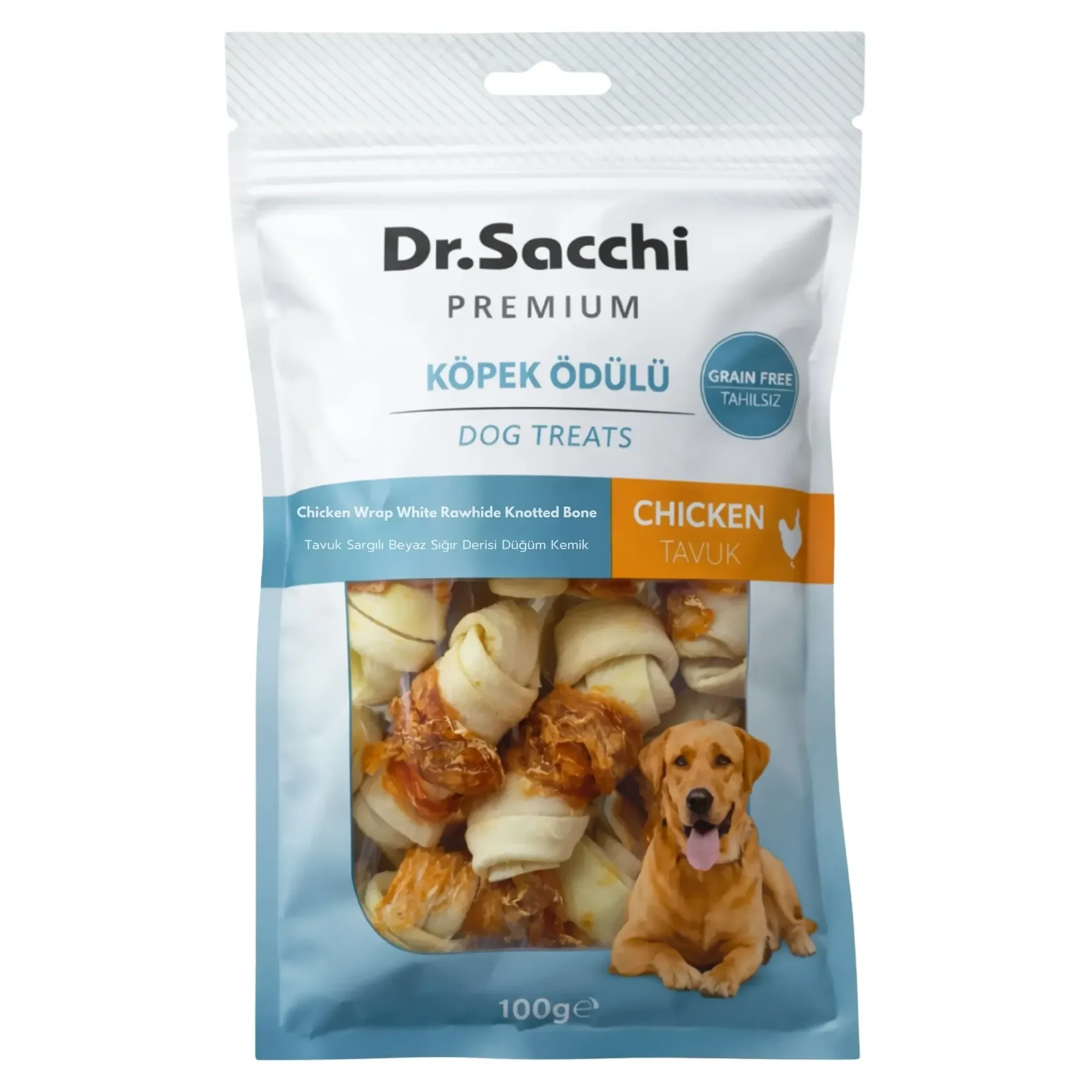 Dr.Sacchi Premium Tahılsız Tavuk Sargılı Beyaz Sığır Derisi Düğüm Kemik Köpek Ödülü 2” 8'li 100 G