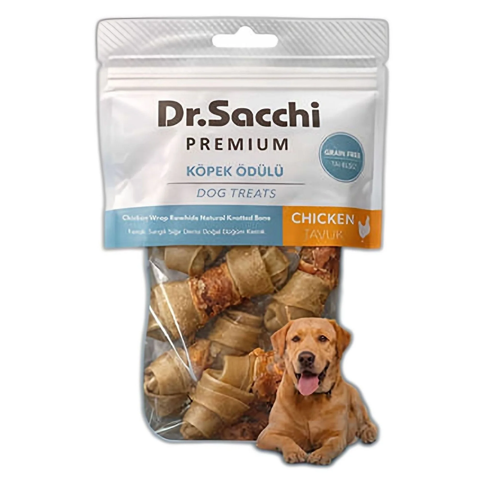 Dr.Sacchi Premium Tahılsız Tavuk Sargılı Sığır Derisi Doğal Düğüm Kemik Köpek Ödülü 2“ 8'li 100 G