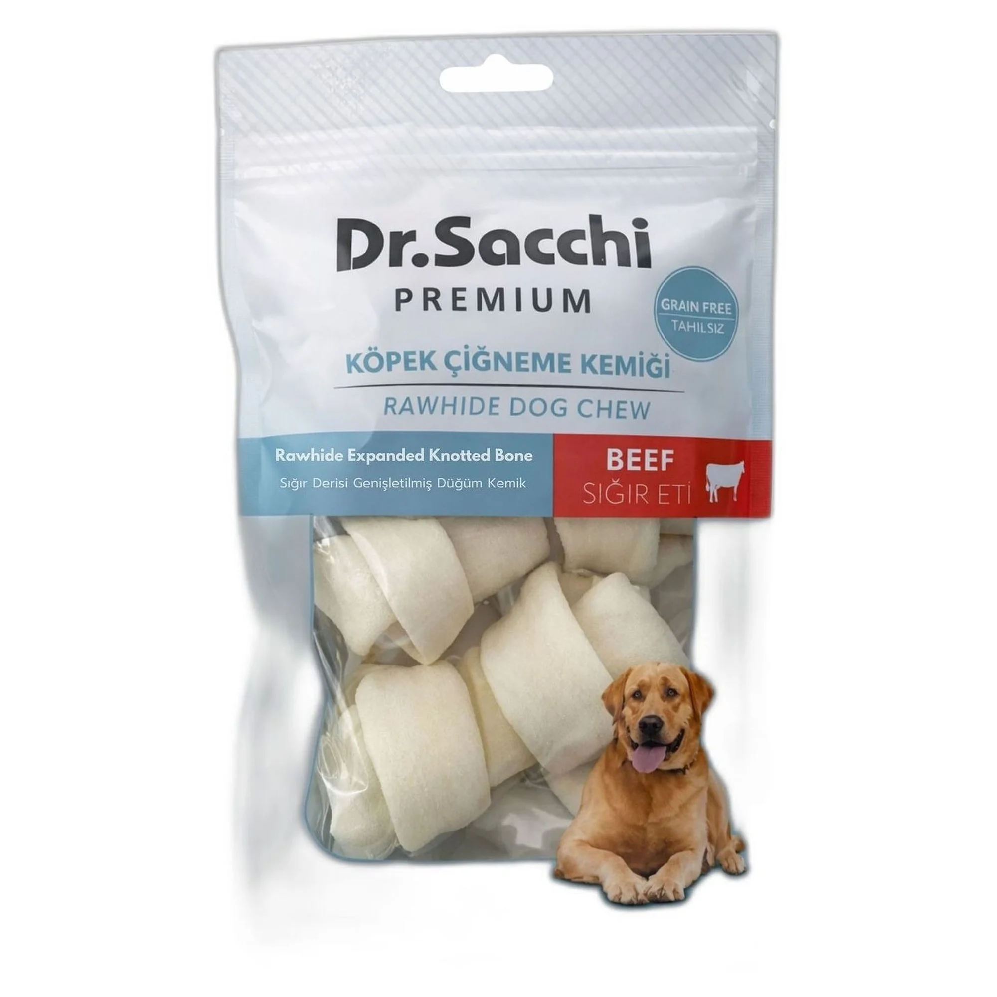 Dr.Sacchi Premium Tahılsız Genişletilmiş Sığır Derisi Düğüm Kemiği Köpek Ödülü 2-4'' 3'lü 95 G