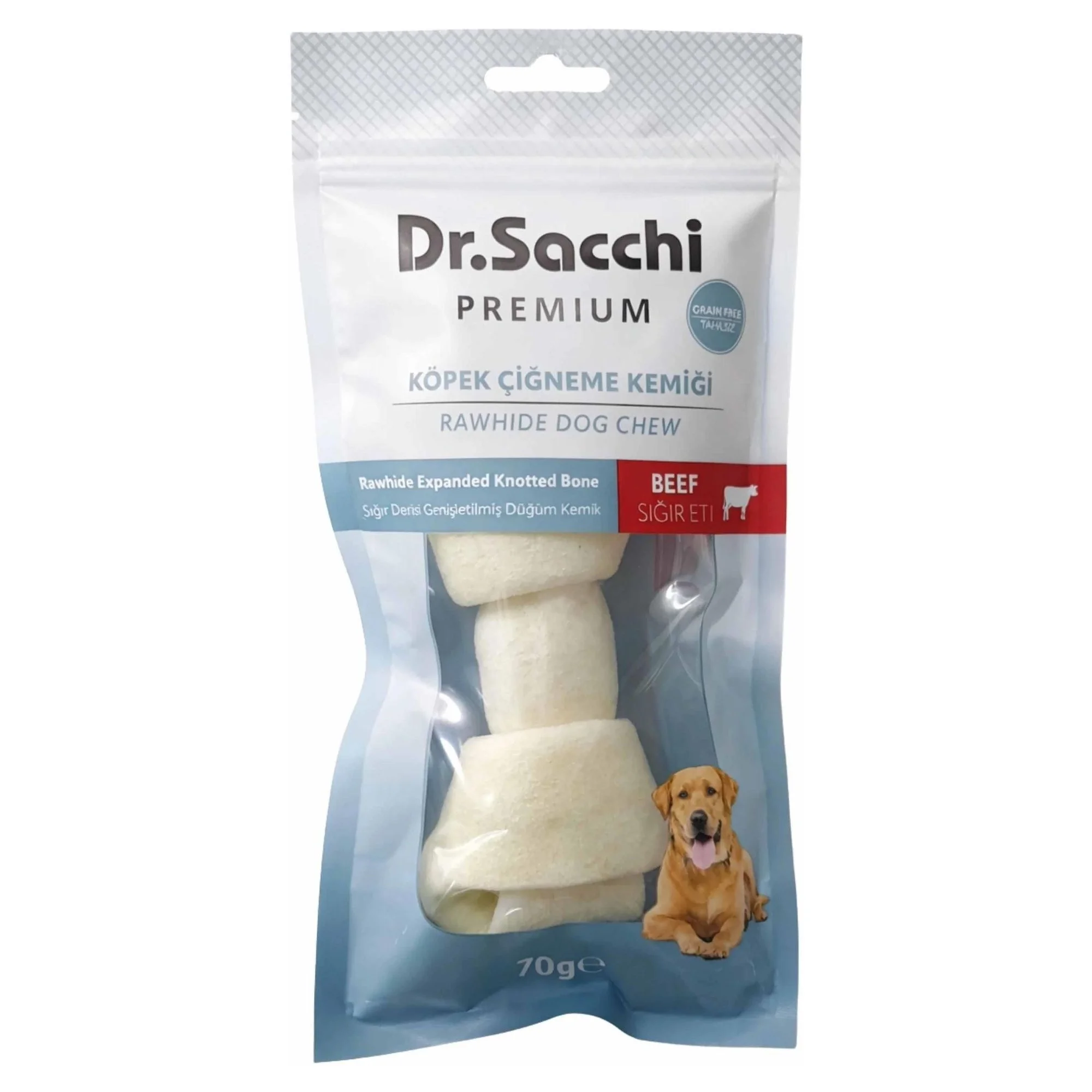Dr.Sacchi Premium Tahılsız Genişletilmiş Sığır Derisi Düğüm Kemiği Köpek Ödülü 5-6'' 70 G