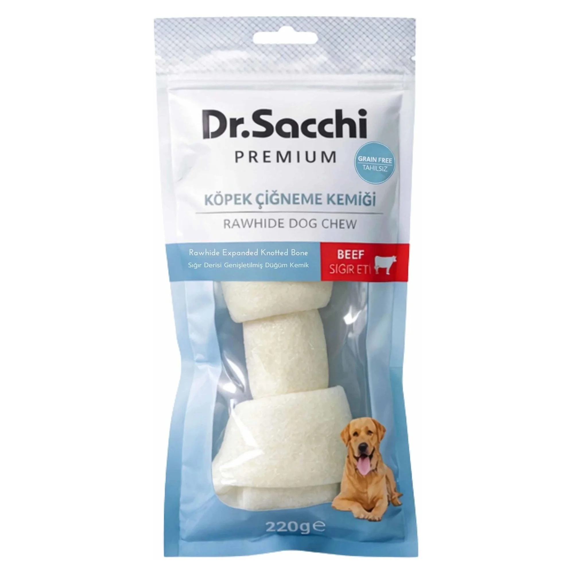 Dr.Sacchi Premium Tahılsız Genişletilmiş Sığır Derisi Düğüm Kemiği Köpek Ödülü 10-11'' 220 G