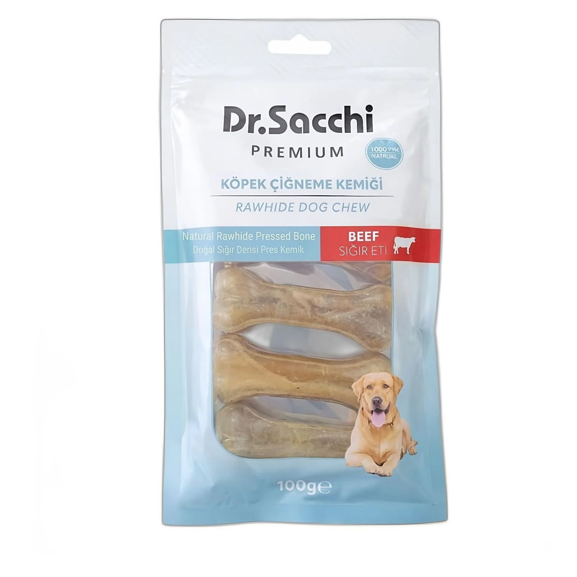 Dr.Sacchi Premium Tahılsız Sığır Etli Doğal Sığır Derisinden Preslenmiş Kemik Köpek Ödülü 5'li 100 G