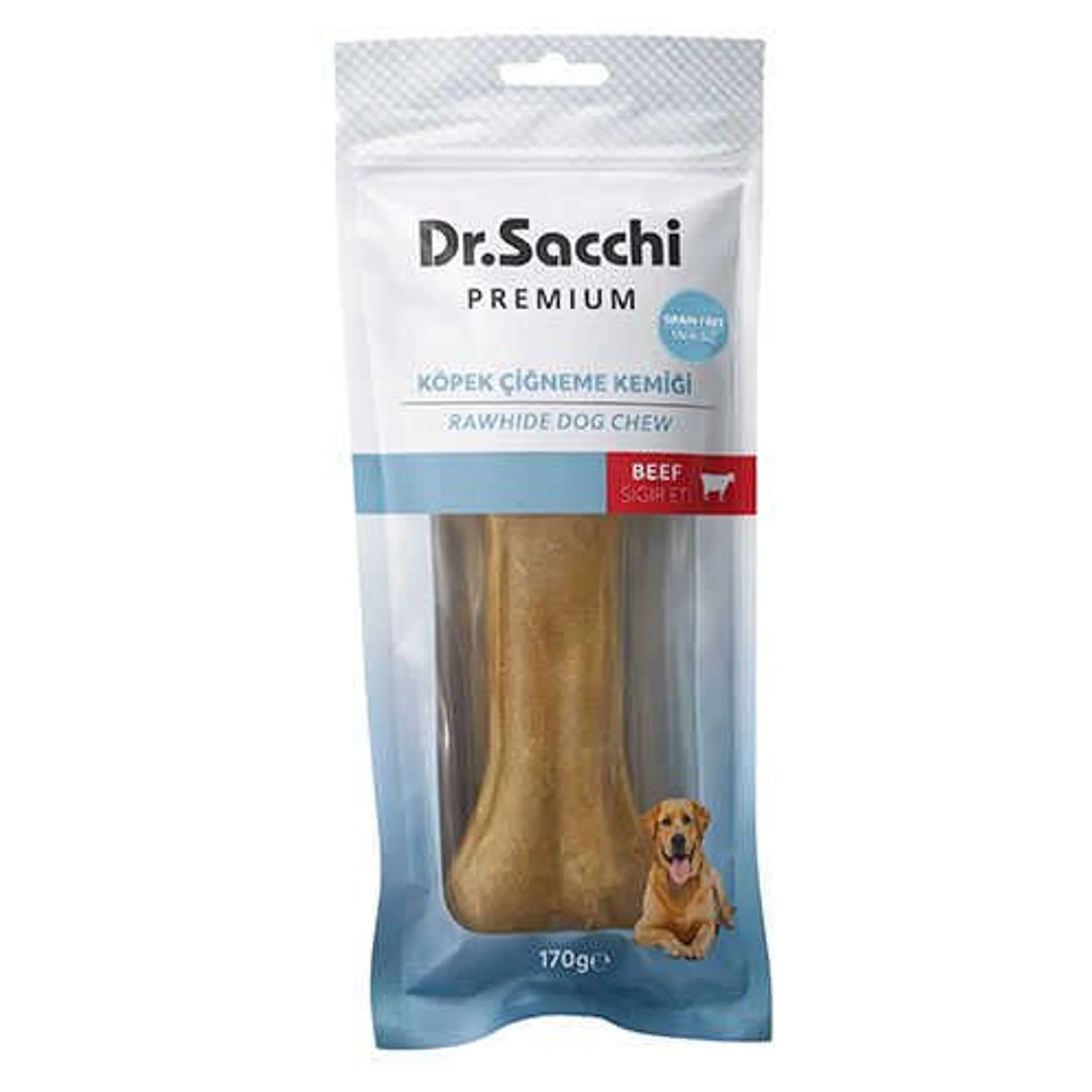 Dr.Sacchi Premium Tahılsız Sığır Etli Doğal Sığır Derisinden Preslenmiş Kemik Köpek Ödülü 8.5" 170 G