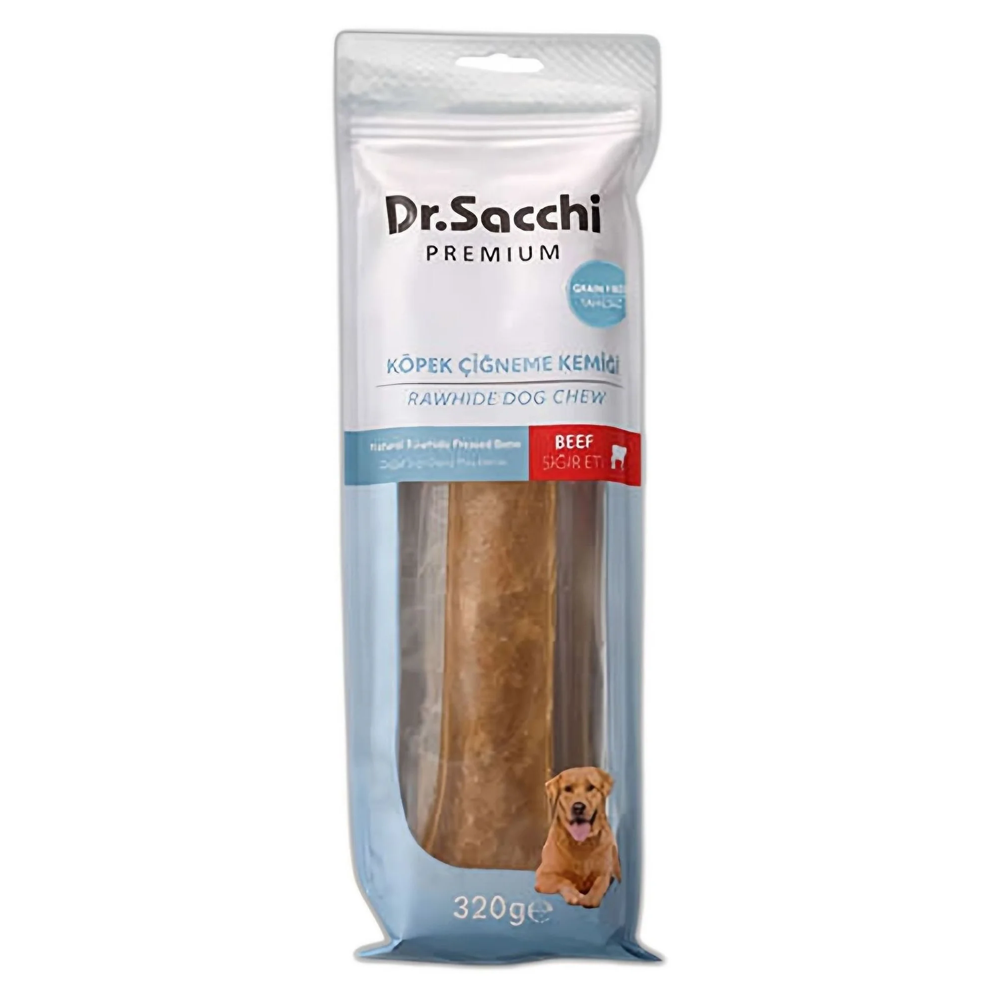 Dr.Sacchi Premium Tahılsız Sığır Etli Doğal Sığır Derisinden Preslenmiş Kemik Köpek Ödülü 320 G