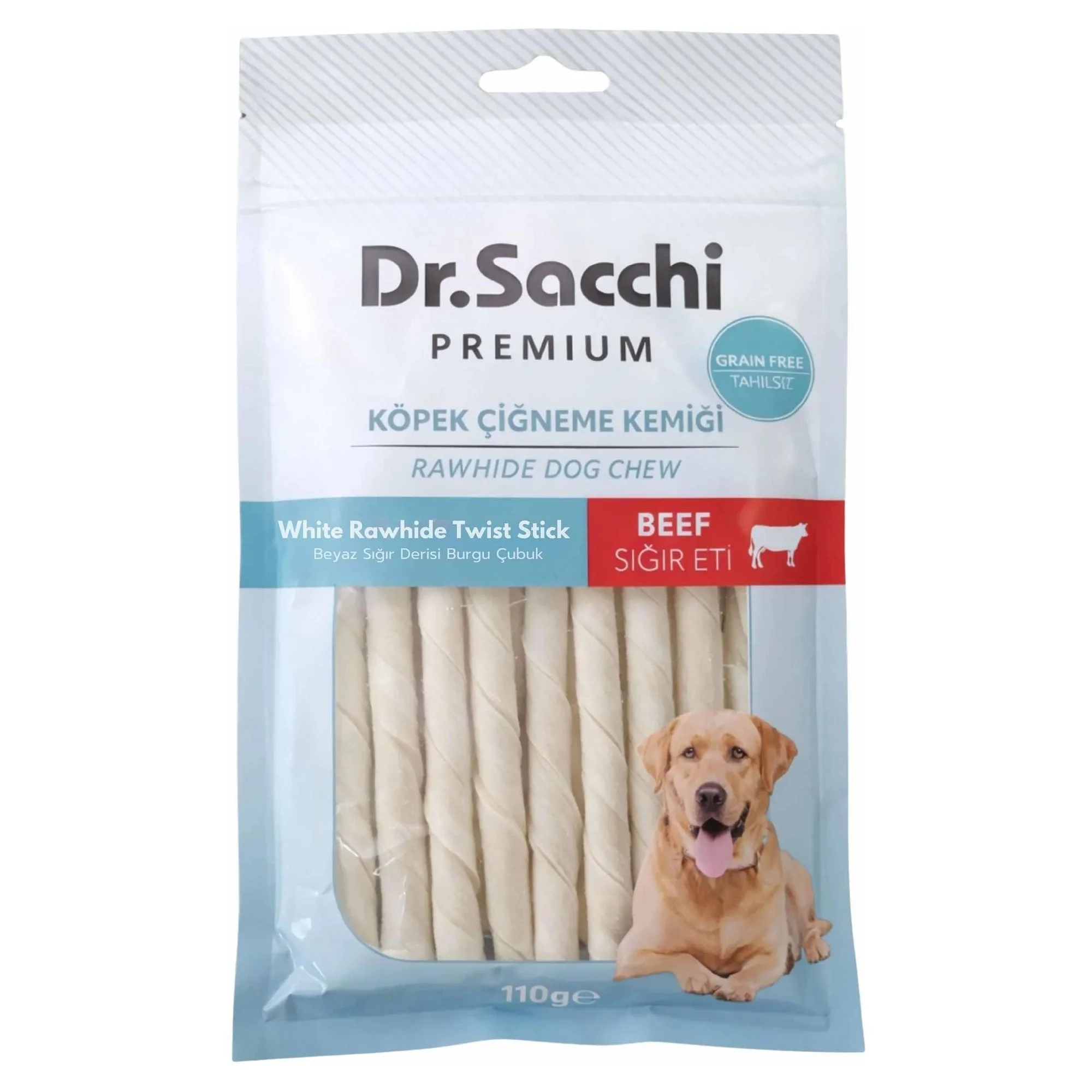 Dr.Sacchi Premium Tahılsız Sığır Etli Beyaz Sığır Derisinden Burgu Çubuk Köpek Ödülü 15'li 110 G